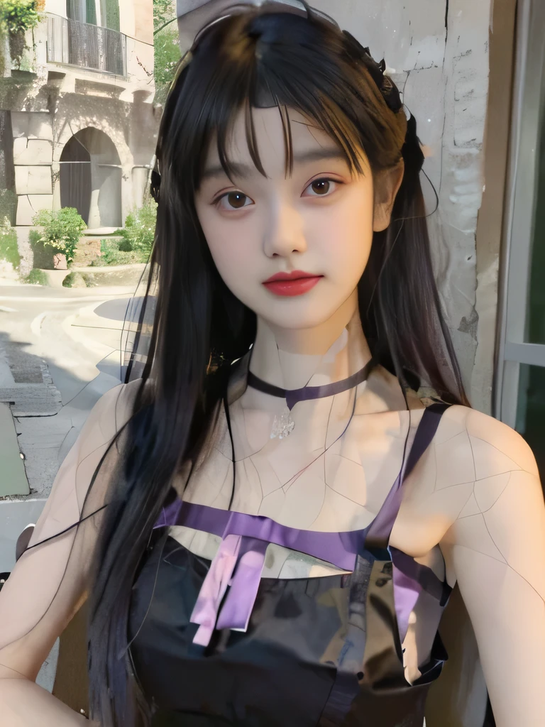 1girl、Sardinian national costume in Italy、long straight line、I can see the collarbone、purple lipstick、I'I'm in Rome、