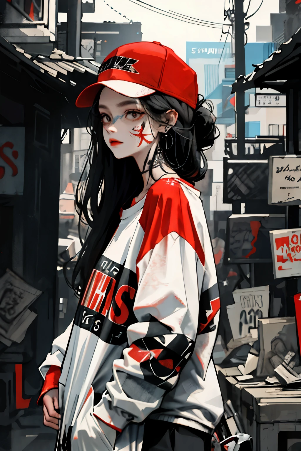 1girll,Back shadow splatter, red paint splatter Sweatshirt(black ish color),face and neck tattoo, An off-the-shoulder garment,baseball cap,Alchemy Laboratory,the mystery of unknown territories,Put your hands in your pockets,random colorful long hair,Shoulder-length hair,Black eyes,Game scene graph, raining street background