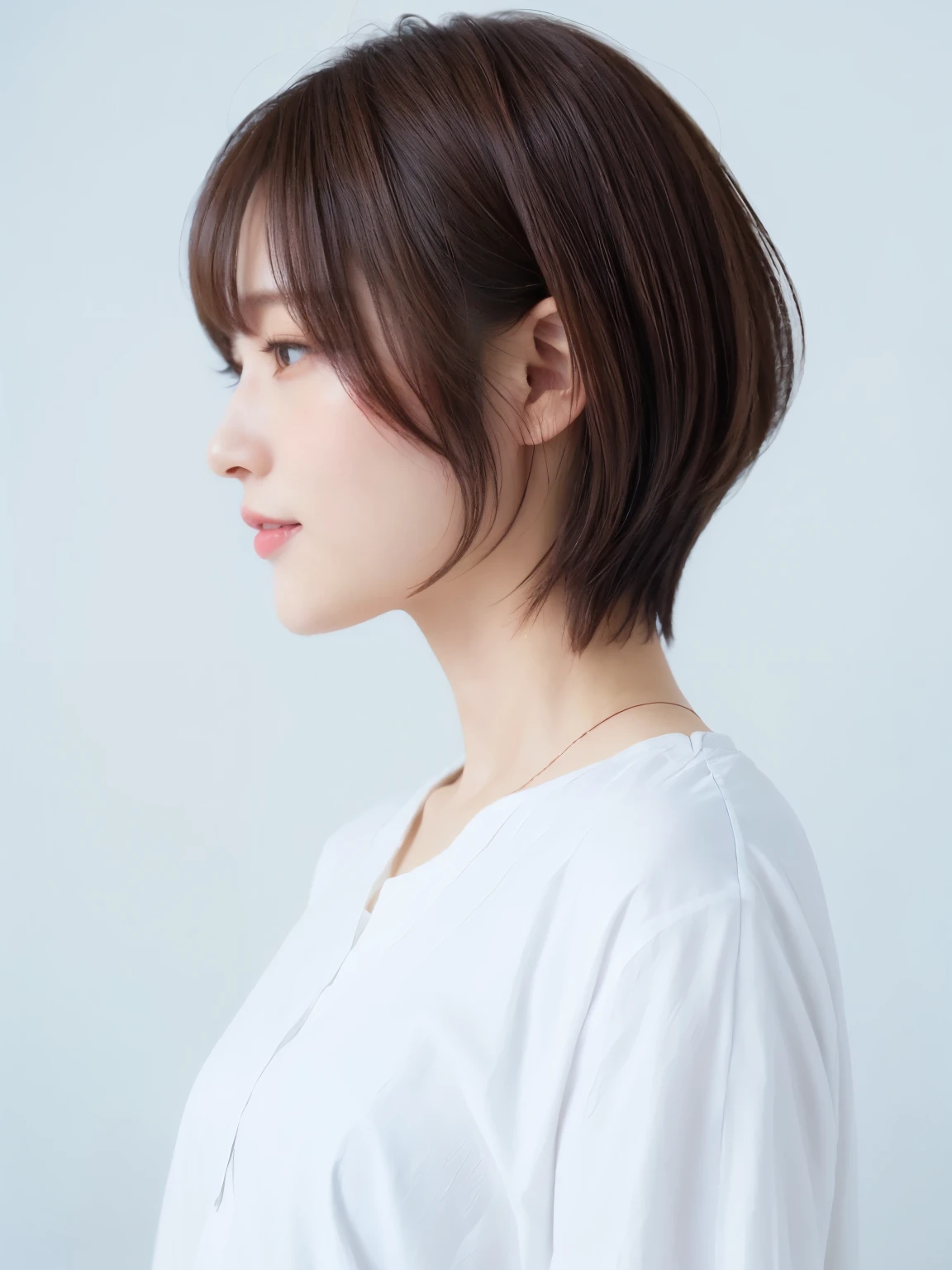 White long sleeve dress、(8k、RAW photo、highest quality、masterpiece:1.2)、High-definition RAW color photo、professional photos、(realistic、photo realistic:1.37)、cinematic light、1 girl、laughter、white wall、Taken in front of the white door、(窓のあるwhite wallの部屋)、Various poses、break (ombre:1.3) 、simple necklace、spring clothes、(Beautiful profile:1.3)、don&#39;t look at the camera、profile、dark brown hair color、short hair