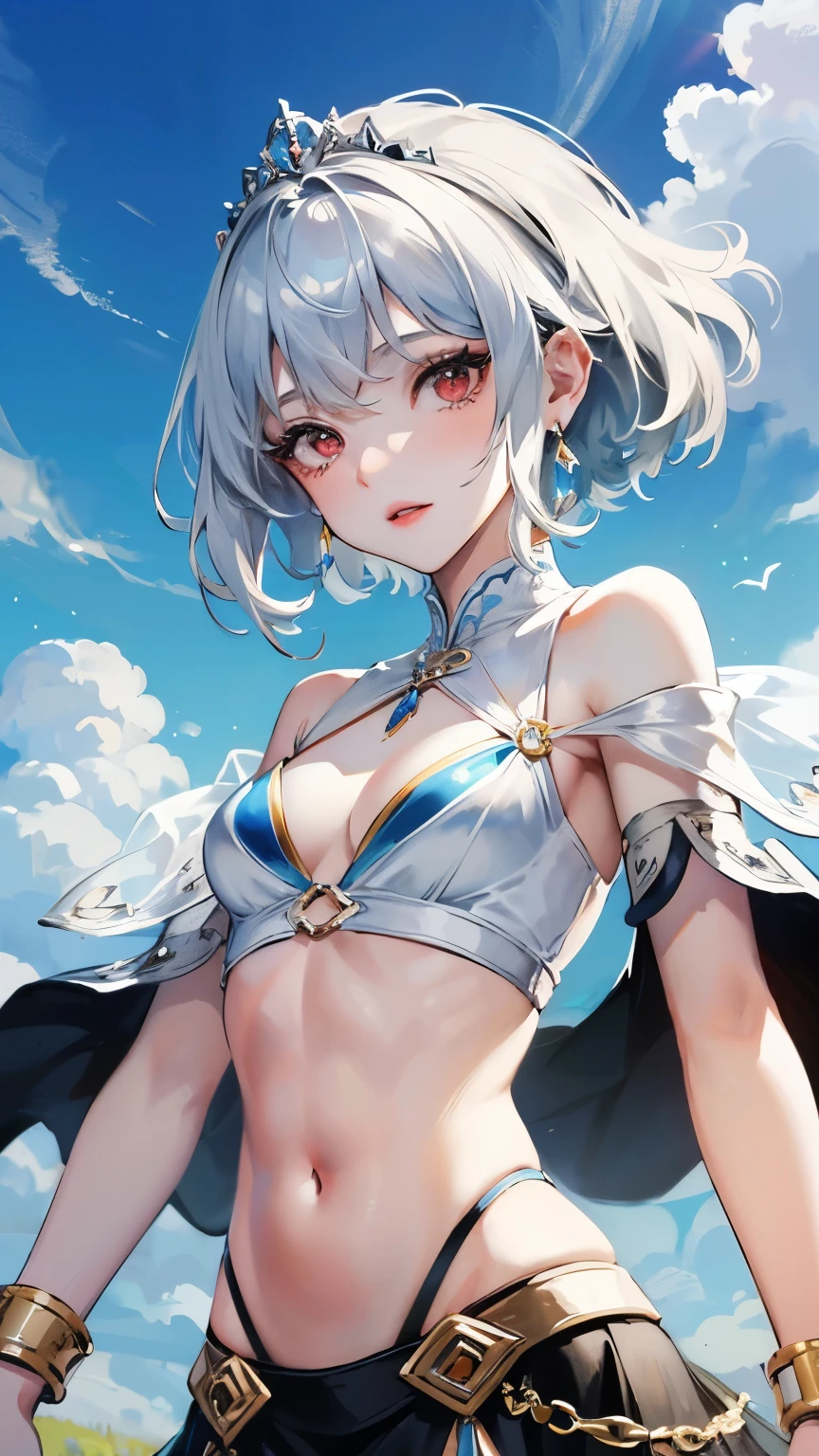 young girl silver hair white dress short hair big jewelryが付いたドレス Dresses with large slits dress that opens below the navel irreverent face look down thin body thin thighs small breasts small ass toned body wrist bracelet jewelry bracelet tiara with jewels sun ripped abs Skirt Dresses blue sky big cloud slanted eyes white skin I can see your nipples I can see your belly button high quality High resolution 8K waving in the wind See-through perfection symmetrical big jewelry Beautiful red eyes angel ring beautiful goddess Portrait bikini top grassland comb your hair