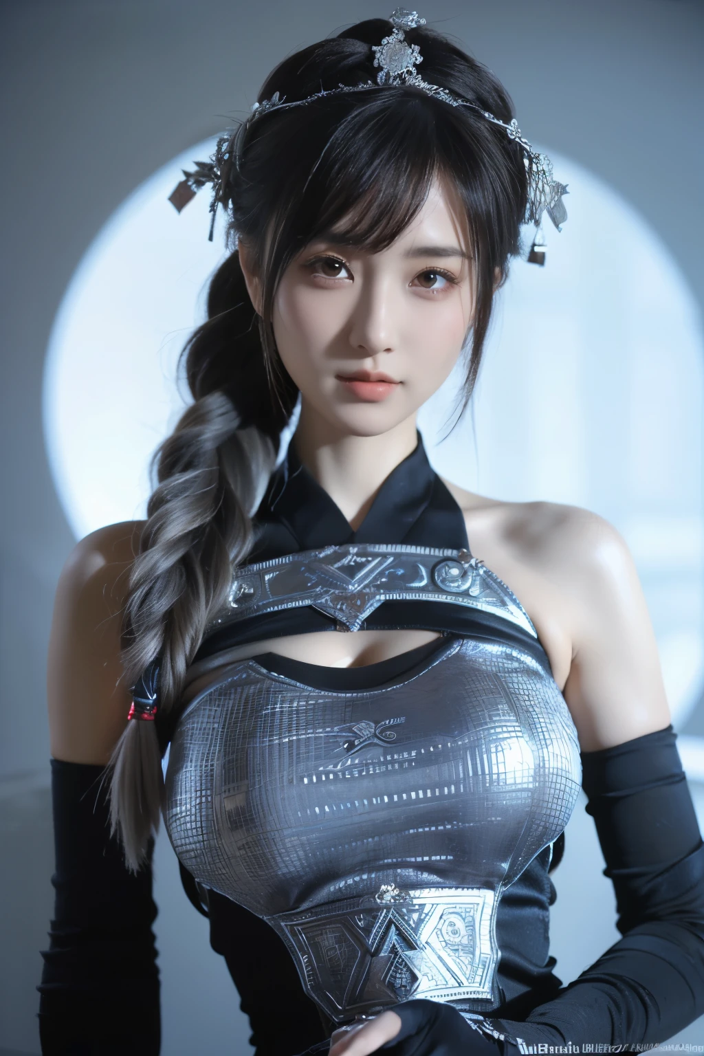 Masterpiece,Game art,The best picture quality,Highest resolution,8K,(Portrait),Unreal Engine 5 rendering works,(Digital Photography),((Portrait Feature:1.5)),
20 year old girl,Short hair details,With long bangs,(The red eye makeup is very meticulous),(With long gray hair:1.4),(Large, full breasts),Elegant and noble,Brave and charming,
(Future armor combined with the characteristics of ancient Chinese armor,Hollow design,Power Armor,The mysterious Eastern runes,A delicate dress pattern,A flash of magic),Warrior of the future,Cyberpunk figures,Background of war,
Movie lights,Ray tracing,Game CG,((3D Unreal Engine)),OC rendering reflection pattern