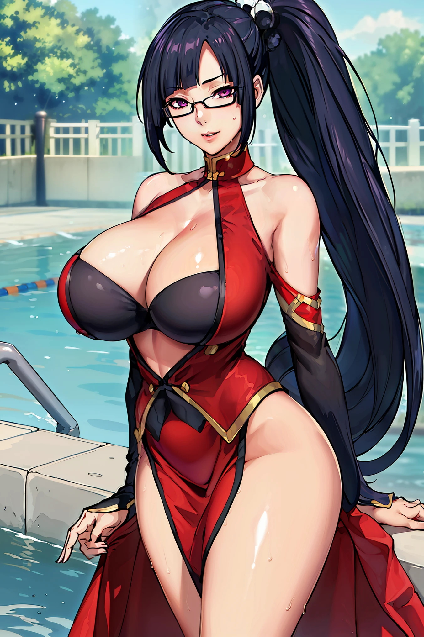 very tempting pose, dress getting wet, (at swimming pool outdoor), (swimming pool outdoor background), Red dress, chinese clothes, cleavage cutout, clothing cutout, bare shoulders, semi-rimless eyewear, black hair, very long hair, ponytail,Bangs,purple eyes, 1 girl, 20yo,Young female,Beautiful Finger,Beautiful long legs,Beautiful body, Beautiful Nose,Beautiful character design, perfect eyes, perfect face,expressive eyes, perfect balance, looking at viewer,(Focus on her face), official art,extremely detailed CG unity 8k wallpaper, perfect lighting,Colorful, Bright_Front_face_Lighting,White skin, (masterpiece:1.0),(best_quality:1.0), ultra high res,4K,ultra-detailed, photography, 8K, HDR, highres, absurdres:1.2, Kodak portra 400, film grain, blurry background, bokeh:1.2, lens flare, (vibrant_color:1.2),professional photograph, (Beautiful,huge_Breasts:1.4), (beautiful_face:1.5),(narrow_waist)