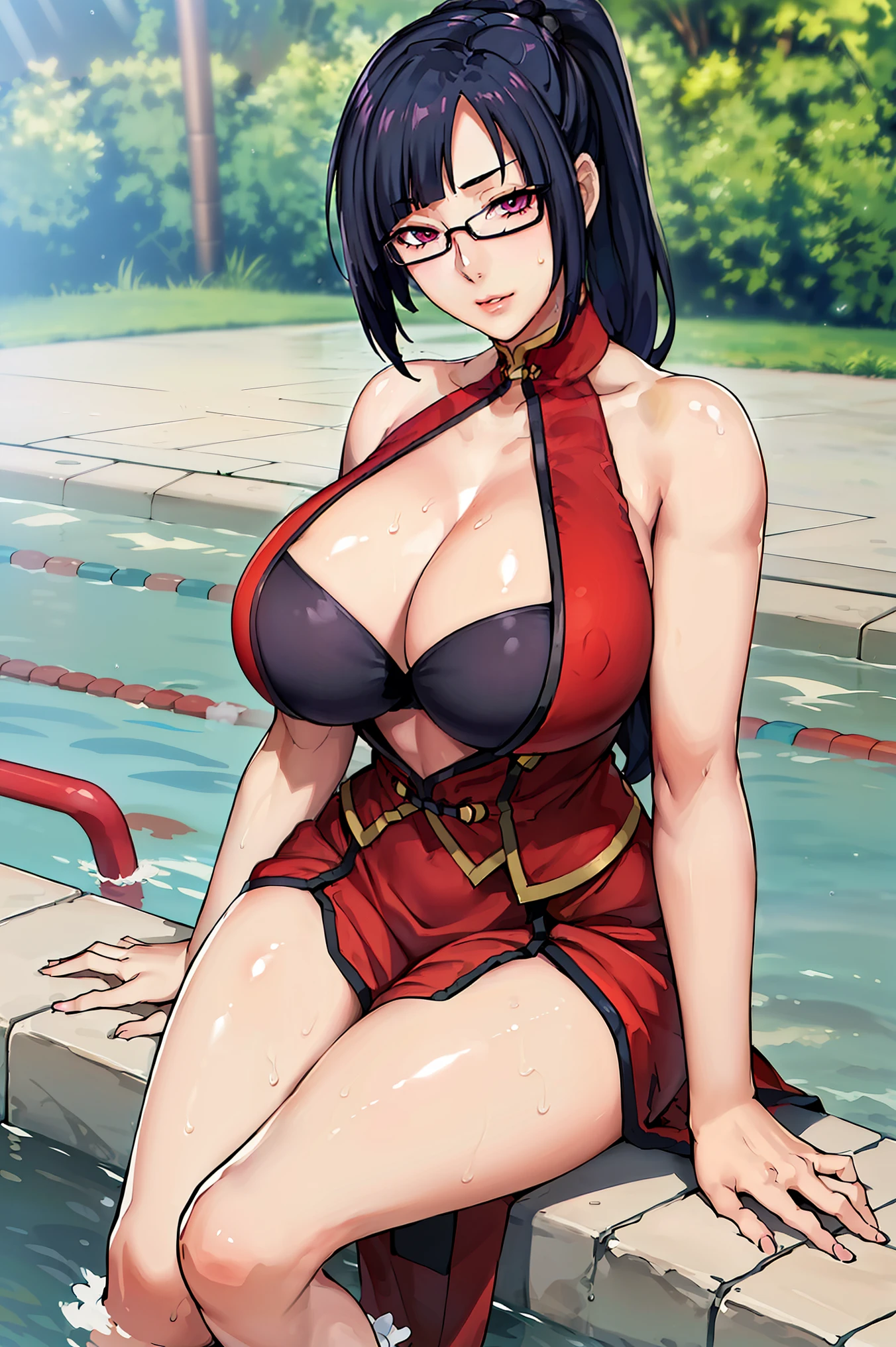 very tempting pose, dress getting wet, (at swimming pool outdoor), (swimming pool outdoor background), Red dress, chinese clothes, cleavage cutout, clothing cutout, bare shoulders, semi-rimless eyewear, black hair, very long hair, ponytail,Bangs,purple eyes, 1 girl, 20yo,Young female,Beautiful Finger,Beautiful long legs,Beautiful body, Beautiful Nose,Beautiful character design, perfect eyes, perfect face,expressive eyes, perfect balance, looking at viewer,(Focus on her face), official art,extremely detailed CG unity 8k wallpaper, perfect lighting,Colorful, Bright_Front_face_Lighting,White skin, (masterpiece:1.0),(best_quality:1.0), ultra high res,4K,ultra-detailed, photography, 8K, HDR, highres, absurdres:1.2, Kodak portra 400, film grain, blurry background, bokeh:1.2, lens flare, (vibrant_color:1.2),professional photograph, (Beautiful,huge_Breasts:1.4), (beautiful_face:1.5),(narrow_waist)