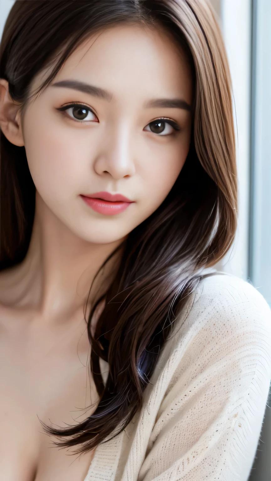 muste piece、best quality、illustration、 Super detailed、fine details、 High resolution、8K Dende Wallpaper、perfect dynamic composition、24 year old beautiful girl、clear、detailed beautiful face、detailed beautiful eyes、textured skin、faint smile、small breasts、bold sexy pose、winter casual wear、