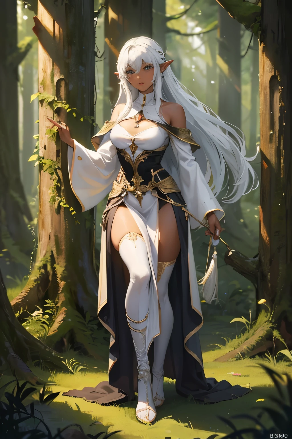 In the heart of a midnight forest, a best quality, ultra-realistic image unfolds. The scene is graced by the presence of an enchanting midnight elf, with a mesmerizing contrast of darkskin and whitehair. His handsome, age-defying features (around 30 years old) radiate an ethereal allure, as he dons a huntress outfit accentuating his finely detailed arms and fingers. The forest atmosphere is captured in exquisite detail through an 8K, wide-angle lens, immersing the viewer in a full body shot of the elf, taken from a captivating front view. His thick frame, clad in attire tailored