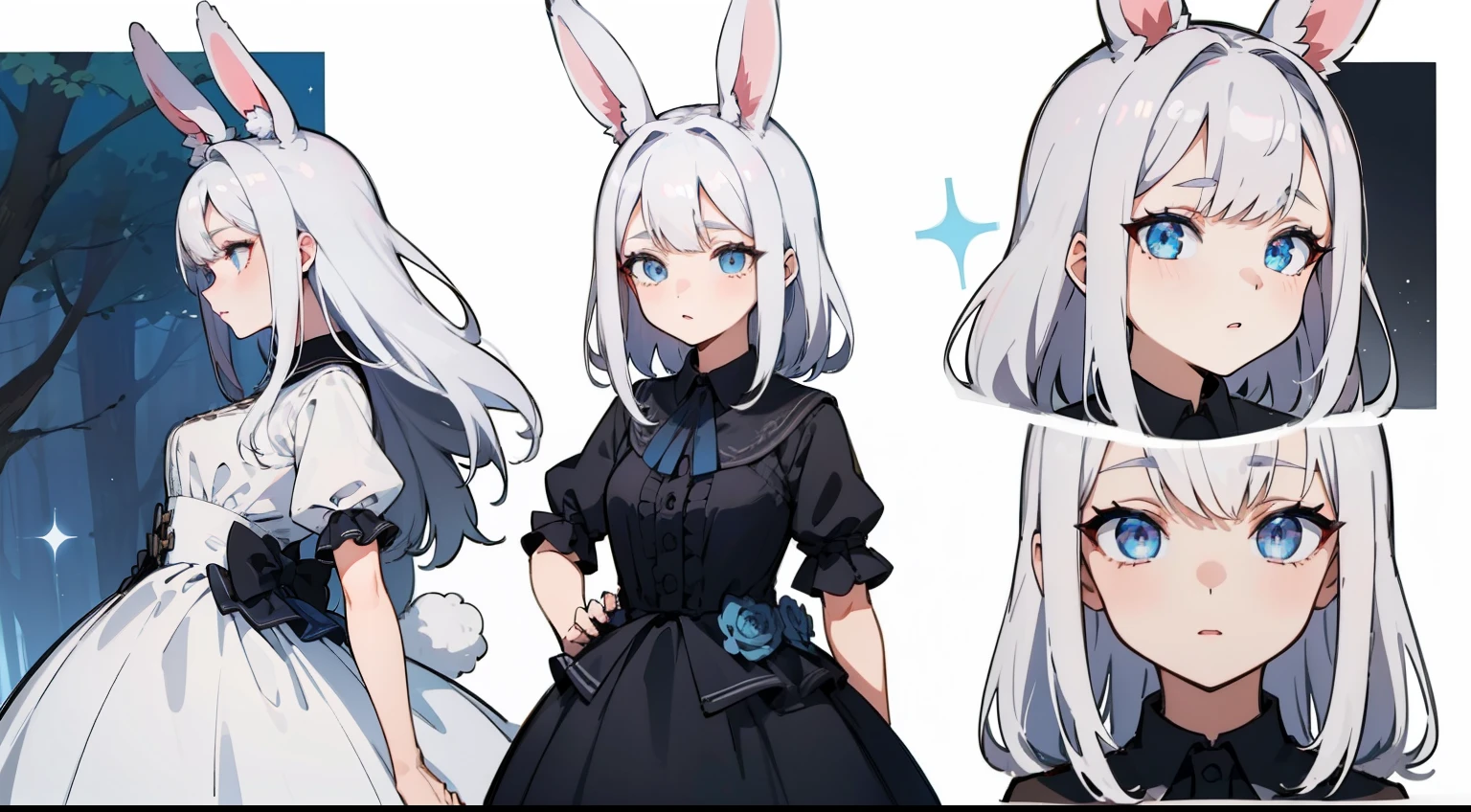 ((Masterpiece, Highest quality)), ((Tsurime)),Detailed face, character sheets, full bodyesbian, 1boys,shoun,children's,Babe, Blue eyes, White hair, medium hair , hair between eye,Black loose blouse, Full of details, Multiple poses and expressions, Highly detailed, Depth, Many parts a graceful wild rabbit girl with silver hair, sparkling eyes, delicate skin, crimson lips, furry ears, fluffy tails, mystical forest in the background.
