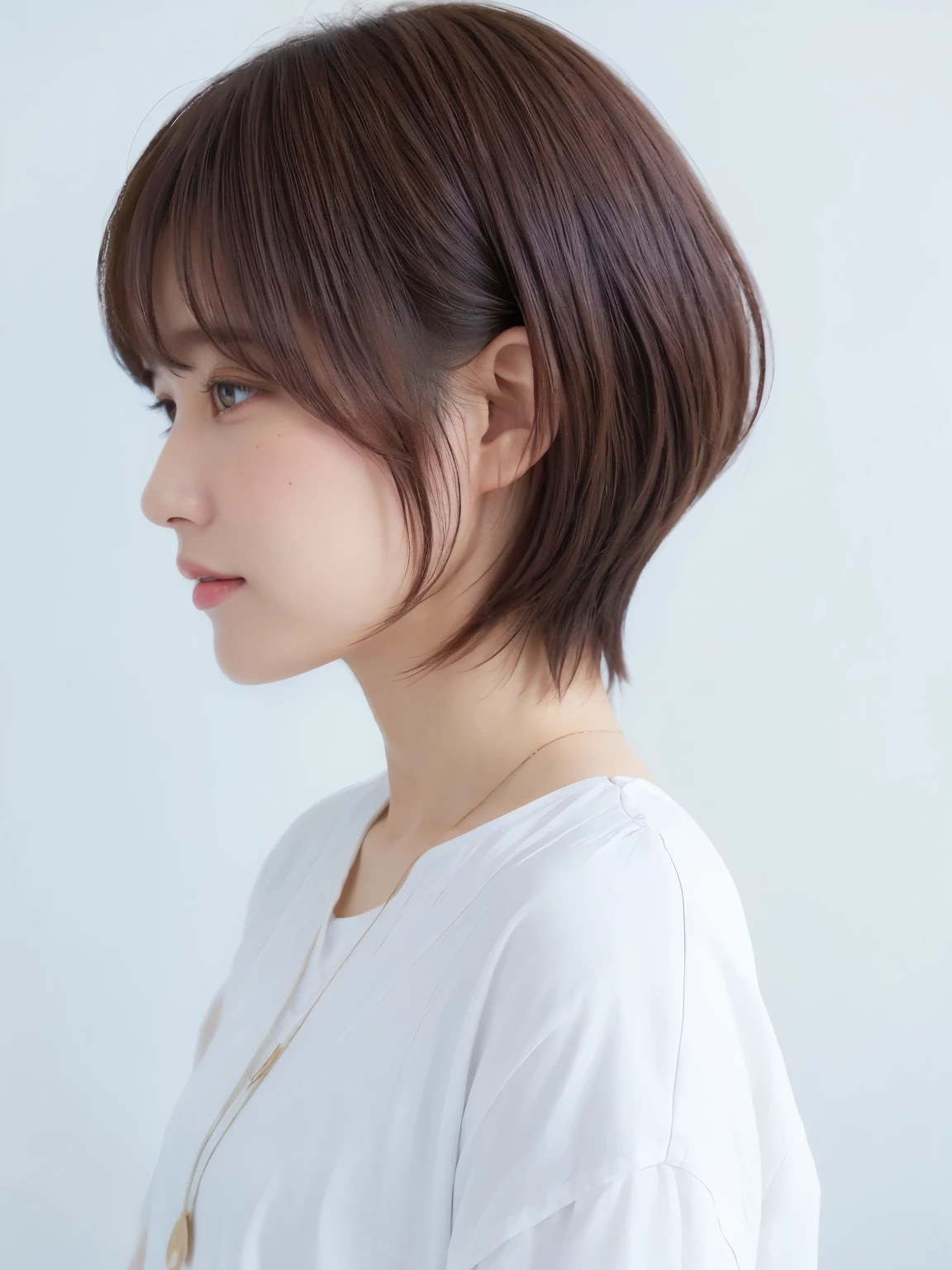 White long sleeve dress、(8k、RAW photo、highest quality、masterpiece:1.2)、High-definition RAW color photo、professional photos、(realistic、photo realistic:1.37)、cinematic light、1 girl、laughter、white wall、Taken in front of the white door、(窓のあるwhite wallの部屋)、Various poses、break (ombre:1.3) 、simple necklace、spring clothes、(Beautiful profile:1.3)、don&#39;t look at the camera、profile、dark brown hair color、short hair