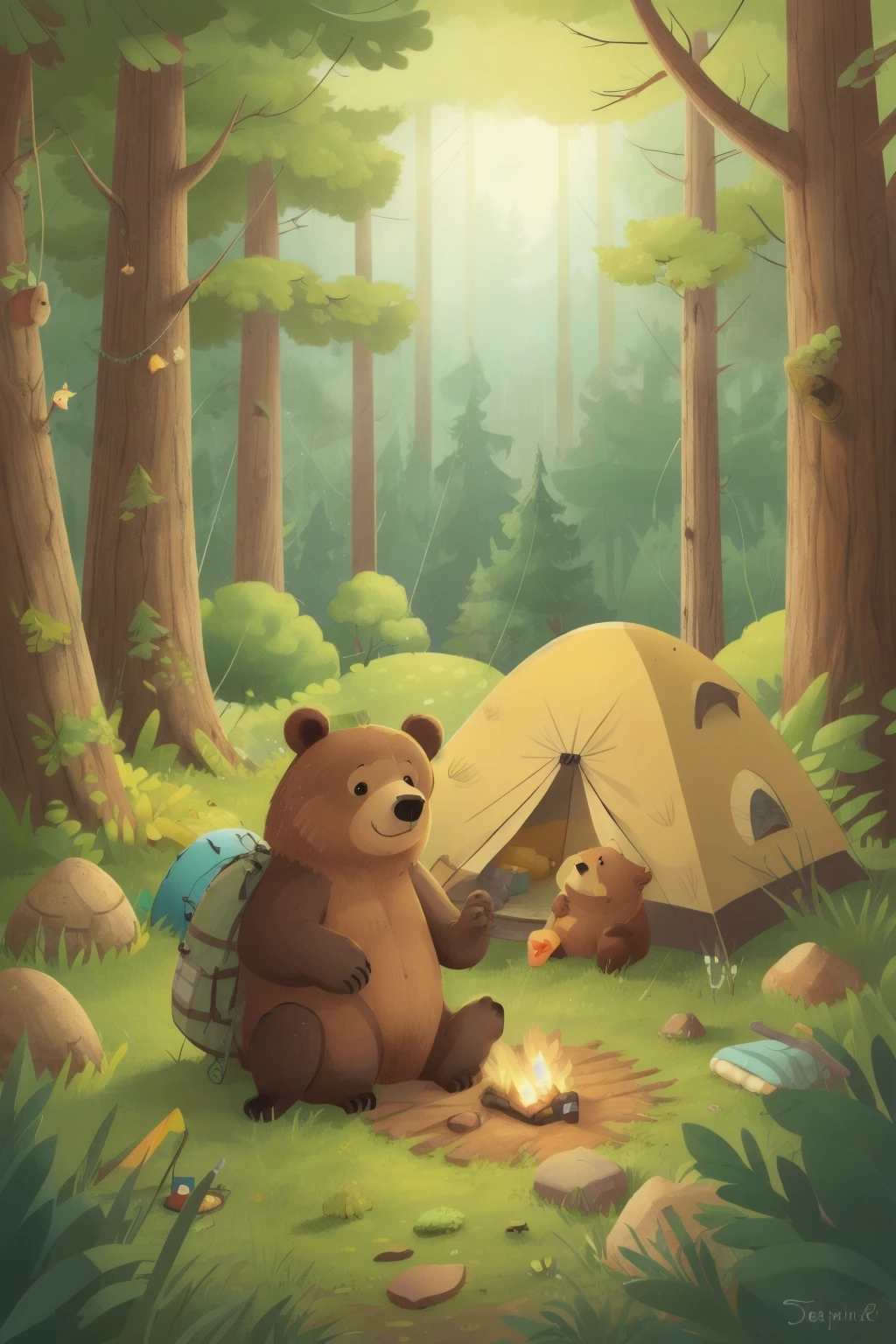 a bear is camping, , Deciduous Forest