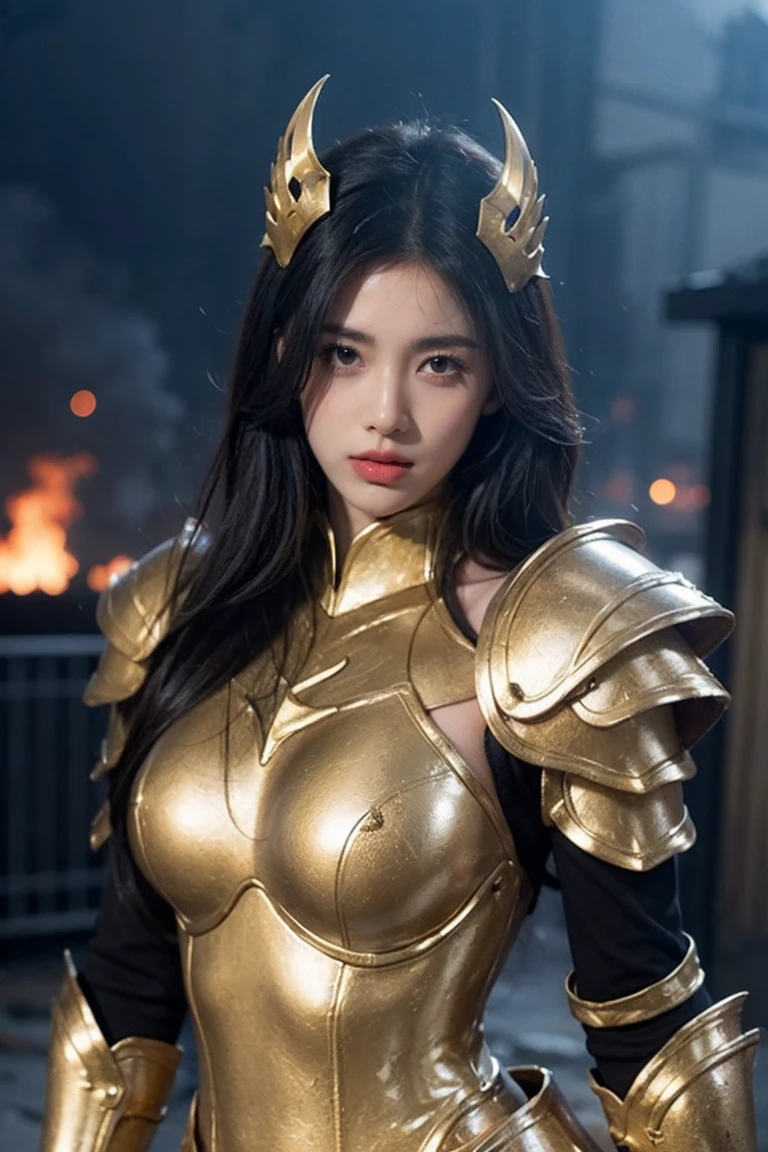(masterpiece), (best quality),futuristic city, cyberpunk, Violence, decadent, future society, (1 girl), Girl in golden armor, cool pose, Saint Seiya Armor, messy hair, broken armor, tattered clothes，photo, high resolution, 4k, 8k, blonde hair, （whole body）long legs，（real person）,Highest resolution