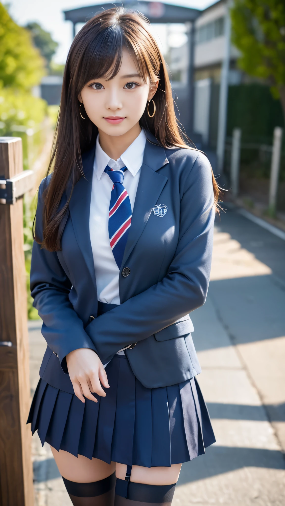mix 4, (16k, Raw photo, best image quality, masterpiece: 1.45), (realistic, Photoreal: 1.37), tall girl, cute, cityscape,, professional lighting, photon mapping, school classroom, Physically based rendering, dark brown hair,ponytail hairstyle, well-groomed and beautiful eyes、((double eyelid))、super cute girl, (((school uniform、blazer、Long-sleeved shirts worn by Japanese high school girls、ribbon tie、dark blue mini skirt,、dark blue socks、black loafers))), highest quality photos, High resolution, 1080p, (clear face), (Detailed facial description), (detailed description of handasterpiece), (Detailed CG)、extreme light and shadow、messy hair、master work、Rich details、(detailed facial features)、(highest quality photoasseter muscle part)、(detailed eye)、look in front of you、thin clavicle、((slender and big))、(((Japanese female students wear jackets and long-sleeved shirts)))、((neat idol))、((school gate、schoolyard、With the school building in the background))、(Take photos from random viewpoints)、(((cute like an idol)))、earrings、big smile、Draw the whole body from the knees、Do not draw fine lines、(((Sports bags used by Japanese female students)))、(Big big breasts with big drooping:1.2)、big firm butt、two arms、two legs、(((from the front:0.7)))、bare hands、(((symmetrical eyes)))、standing pose、please put your hands on the desk、Do not remove the tie from the jacket、raise your butt:1.5,Raw sex:1.5,
