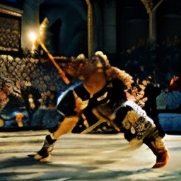 (best quality,4k,8k,highres,masterpiece:1.2),ultra-detailed,(realistic,photorealistic,photo-realistic: 1.37),Medieval Boxing Ring War, Rome, ancient arena,fierce battles,brutal fighters,fighting for honor,arena flooded with spectators,powerful punches and strikes, gladiators covered in sweat and dirt,scars and blood,authentic armor and weapons,roaring crowd, intense atmosphere,warlike setting,grand architecture,ancient statues and pillars,aged stone walls and floors,dramatic lighting,shadows and highlights, epic clash of opponents,adrenaline-filled battles,determined fighters,physical strength and agility,ancient Roman traditions,glory and fame,clashing sounds of swords and shields,vivid colors and textures,breathtaking scenes,action-packed moments,heroic poses and stances,wisps of dust and smoke,flying sweat droplets,exciting and thrilling,tense and fierce competition,medieval combat,spectacular visual effects