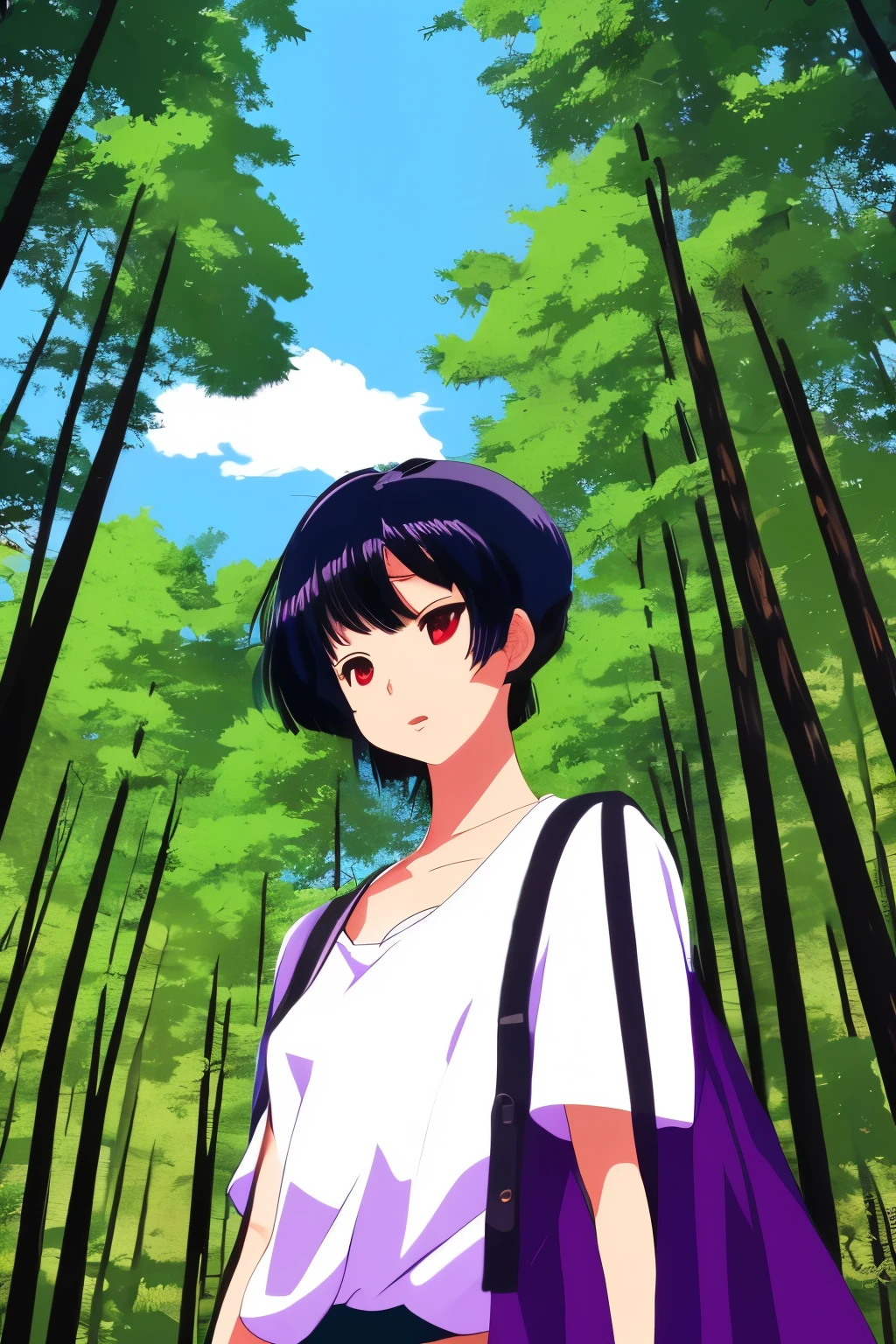 ((Retro Japanese anime style)), (An Asian short black hair woman enjoying the breeze in the forrest with feeling sunshine freely during the summer while closing her eye), highly detailed, highly detailed on shadow effect, using vivid colors, and simple lines, to feel freedom. 2d anime poster style, wearing white big oversized T-shirts, happy, trendy, 