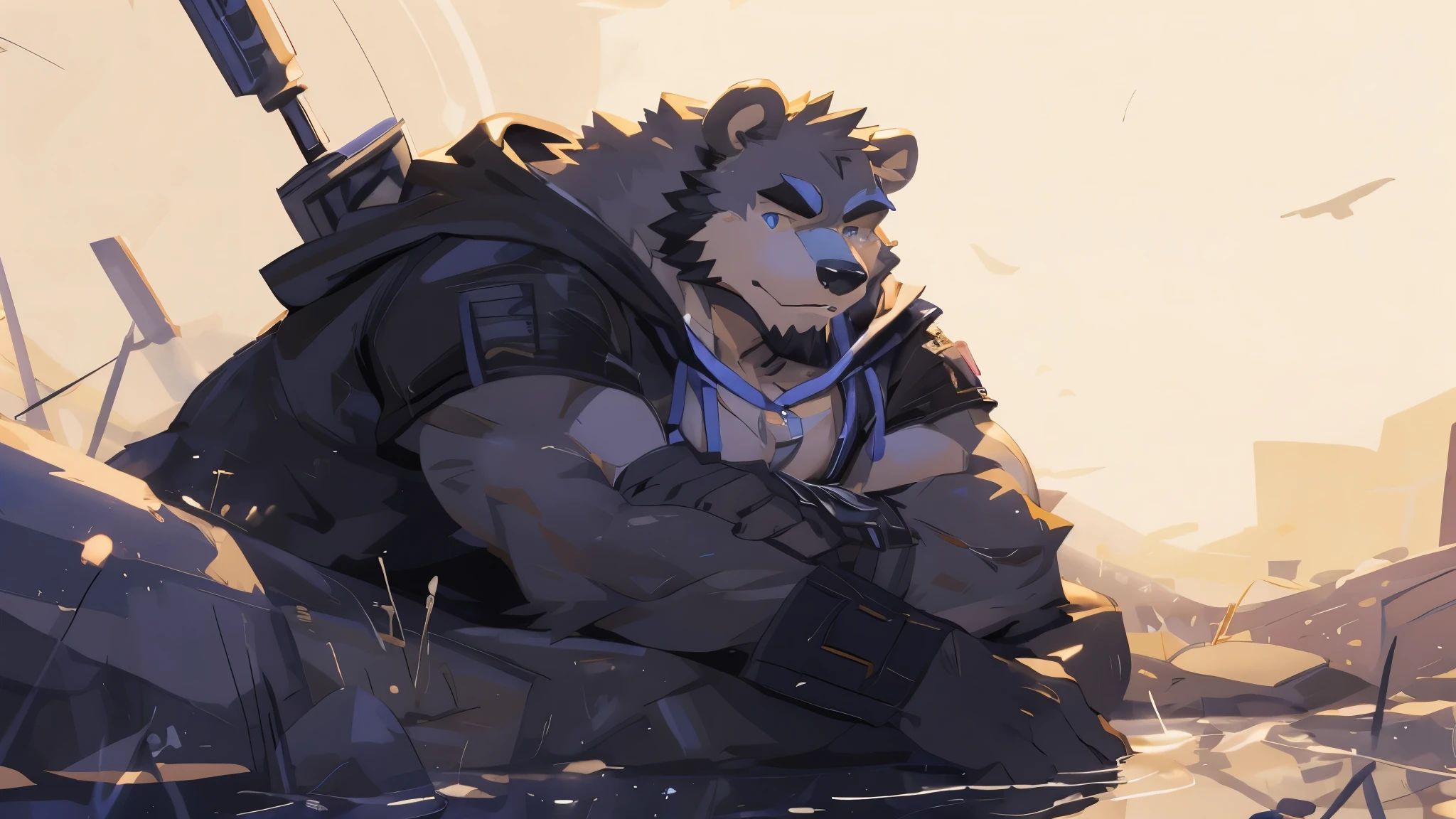 (masterpiece:1.2), best quality,PIXIV,official art,(ray tracing,cinematic lighting),cloudy_sky,(1_male:1.3), solo, anthro, (muscle), (Grey fur:1.4), (muscular bear), (bear tail), (beard:1.2), midjourney, thick eyebrow, (white background :1.3), black tank top, open hoodie, cargo shorts, boots , Salar de Uyuni ,rainy ,reflection