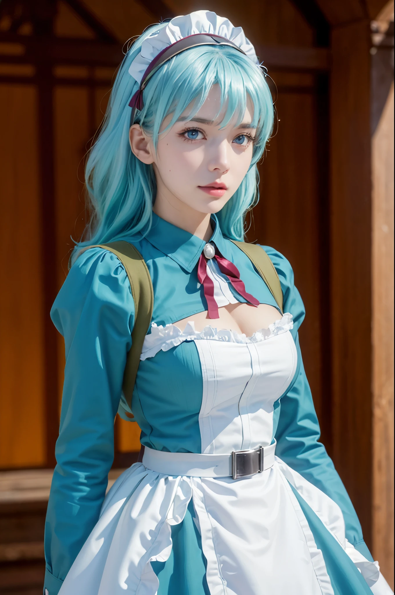 photorealistic, (4k), (upper body), depth of field, (Masterpiece), (realistic skin texture), highly detailed, intricate, highly detailed, professional photography, bokeh, high resolution, sharp detail, best quality, girl, hair aqua, medium hair, blue eyes, aqua maid dress, maid headdress, frills, apron, standing,