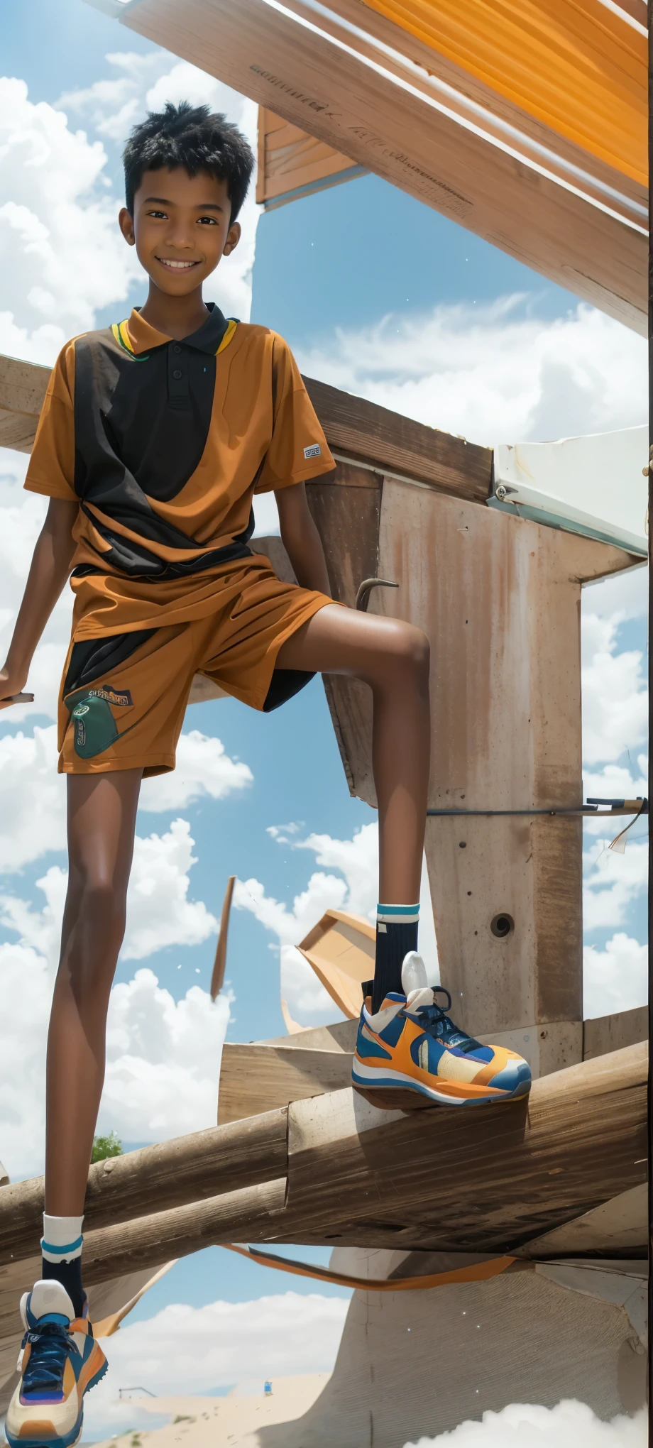 16 year old boy，Light brown skin，blue sports shorts，Bright neon green top，Orange socks，Big round eyes，very short hair，Tall and skinny，full-body shot，a junior high school student，toothy smile，real life，Highest quality，aurora，Mars，Jupiter，There are no muscle lines