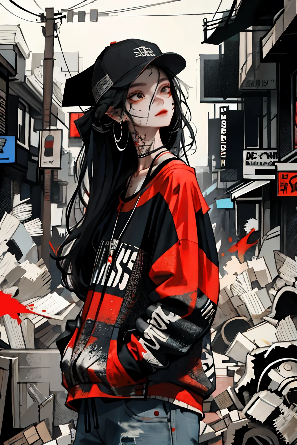 1girll,Back shadow splatter, red paint splatter Sweatshirt(black ish color),face and neck tattoo, An off-the-shoulder garment,baseball cap,Alchemy Laboratory,the mystery of unknown territories,Put your hands in your pockets,random colorful long hair,Shoulder-length hair,Black eyes,Game scene graph, raining street background