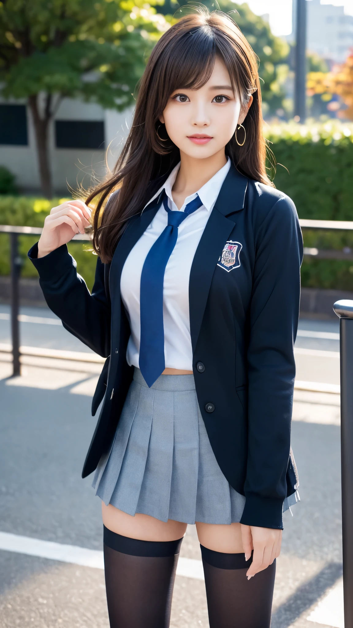 mix 4, (16k, Raw photo, best image quality, masterpiece: 1.45), (realistic, Photoreal: 1.37), tall girl, cute, cityscape,, professional lighting, photon mapping, school classroom, Physically based rendering, dark brown hair,ponytail hairstyle, well-groomed and beautiful eyes、((double eyelid))、super cute girl, (((school uniform、blazer、Long-sleeved shirts worn by Japanese high school girls、ribbon tie、dark blue mini skirt,、dark blue socks、black loafers))), highest quality photos, High resolution, 1080p, (clear face), (Detailed facial description), (detailed description of handasterpiece), (Detailed CG)、extreme light and shadow、messy hair、master work、Rich details、(detailed facial features)、(highest quality photoasseter muscle part)、(detailed eye)、look in front of you、thin clavicle、((slender and big))、(((Japanese female students wear jackets and long-sleeved shirts)))、((neat idol))、((school gate、schoolyard、With the school building in the background))、(Take photos from random viewpoints)、(((cute like an idol)))、earrings、big smile、Draw the whole body from the knees、Do not draw fine lines、(((Sports bags used by Japanese female students)))、(Big big breasts with big drooping:1.2)、big firm butt、two arms、two legs、(((from the front:0.7)))、bare hands、(((symmetrical eyes)))、standing pose、please put your hands on the desk、Do not remove the tie from the jacket、raise your butt:1.5,Raw sex:1.5,