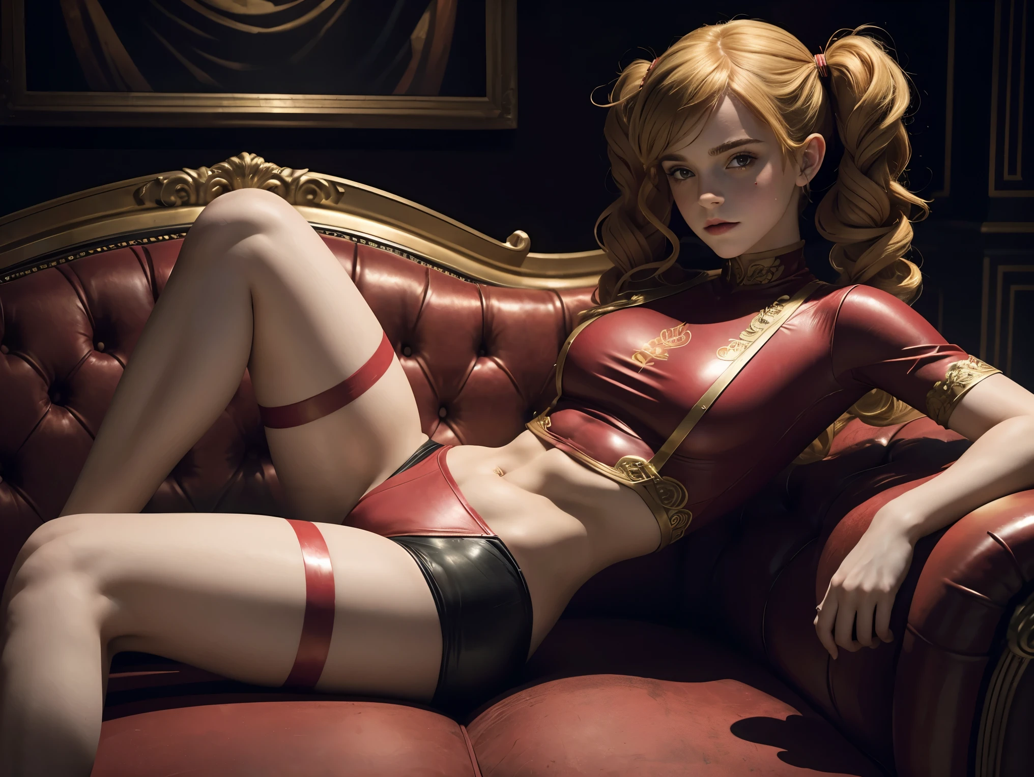 masterpiece. a beautiful emma watson dressed as girl clown with red paint. blonde, twintails. intricate tight bodysuit, crop top. dark ambient. on a royal sofa.
