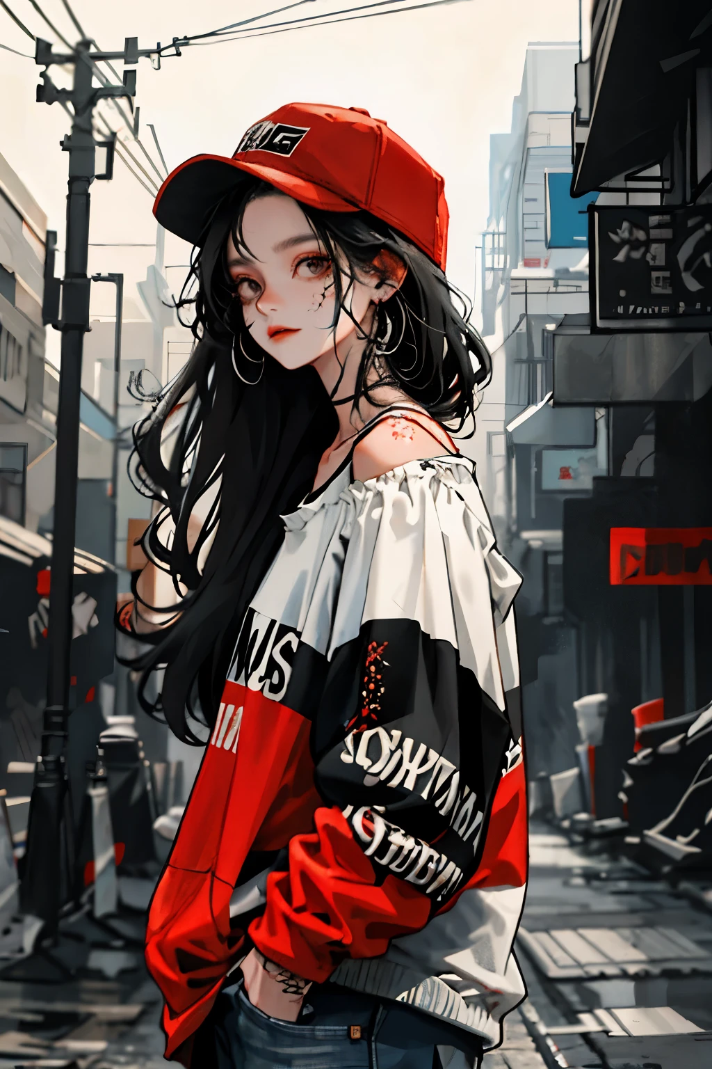 1girll,Back shadow splatter, red paint splatter Sweatshirt(black ish color),face and neck tattoo, An off-the-shoulder garment,baseball cap,Alchemy Laboratory,the mystery of unknown territories,Put your hands in your pockets,random colorful long hair,Shoulder-length hair,Black eyes,Game scene graph, raining street background