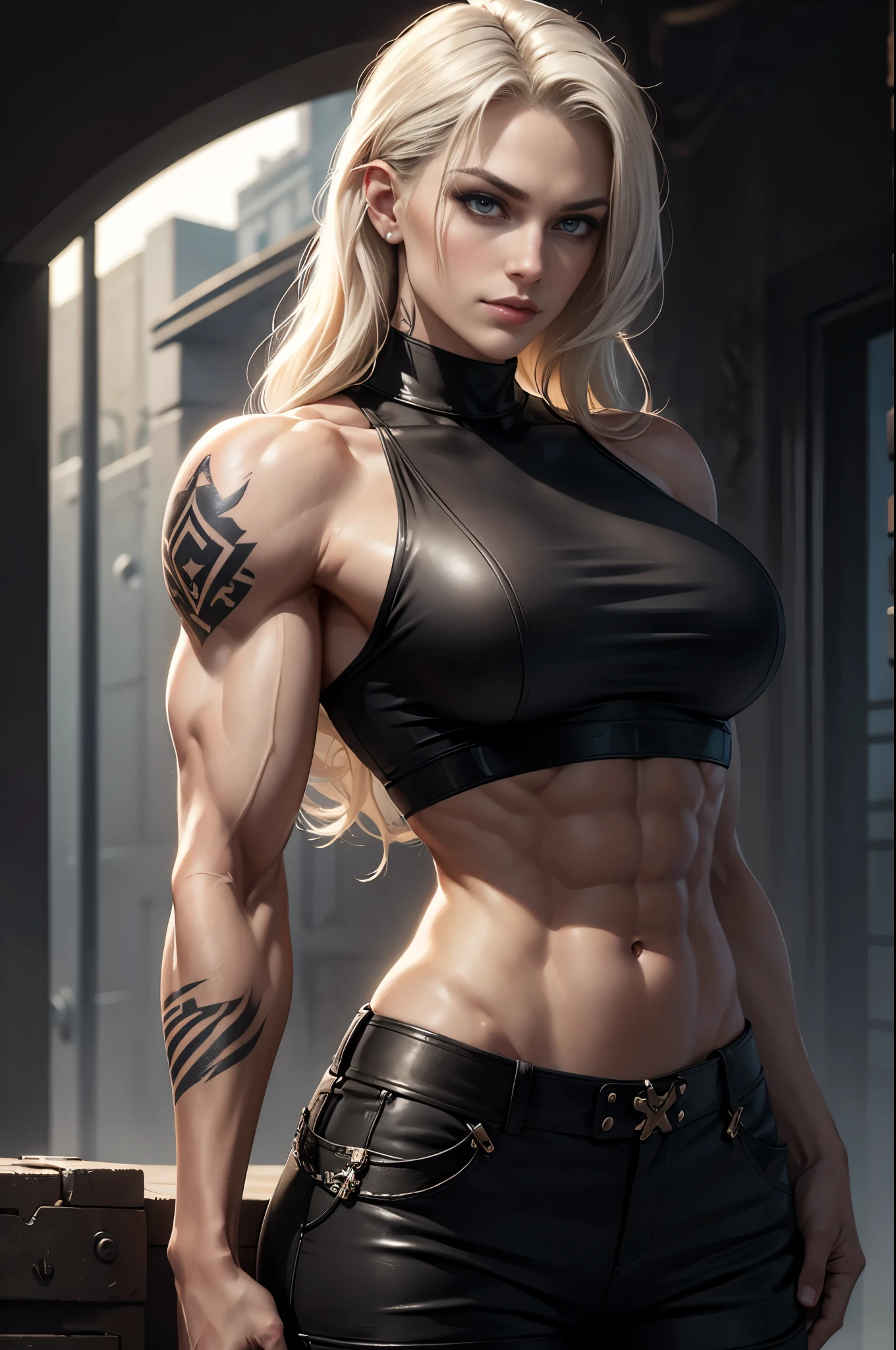 A gorgeous female soldier, mature, (small smirk, amused smirk), muscular, platinum blonde hair, long hair, wavy hair, (biceps, triceps, six pack abs), (narrow waist, wide shoulders, narrow hips), slim, ((statuesque, towering, tall, imposing)), (defined muscles, strong muscles), (huge breasts), long eyelashes, make up, perfect eyes, perfect mouth, perfect face, light grey eyes, piercing gaze, gorgeous eyes, tattoo on shoulder, tattoo on abs, perfect fingers, long fingers, no extra digits, long nails, military attire, military outfit, leather outfit, cargo pants, crop top, (in the corps)