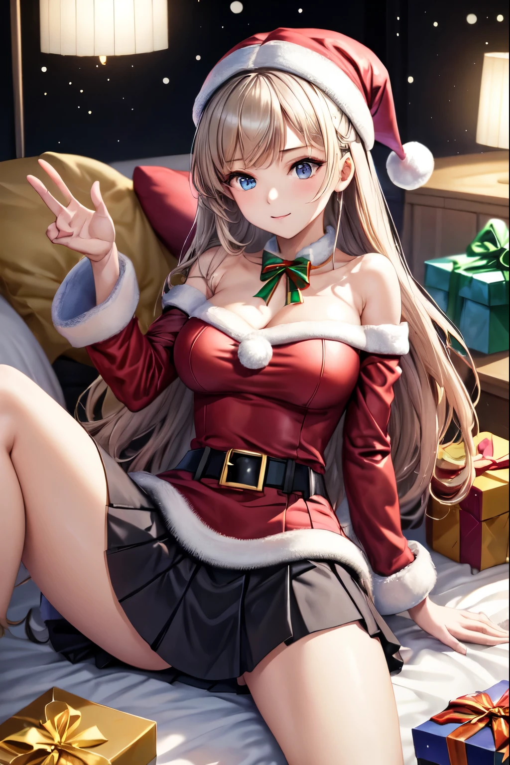 ((highest quality)), ((masterpiece)), (Detailed miniskirt Santa), perfect face、spread her legs、show white panties,sexy