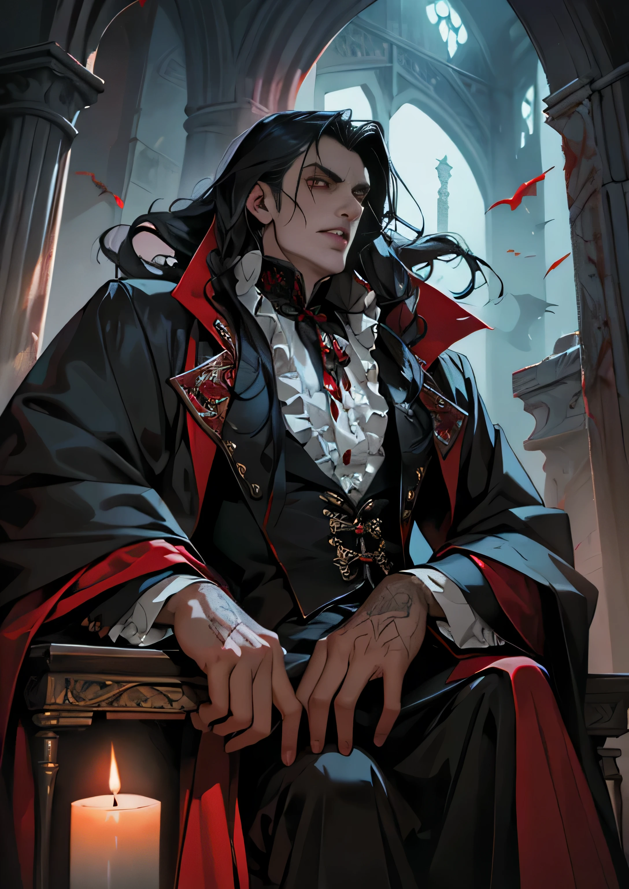 a close up of a man in a red coat holding a candle, count Dracula, lord vampire, male vampire, Dracula, victorian vampire, vampire portrait, handsome male vampire, male vampire from the banu haqim clan, portrait of a vampire, morbius, kramskoi 4k, carmilla vampire, deep dark crimson shadows, vampire fantasy, a close up of a man, vampire lord, vampire portrait, male vampire of the banu haqim clan, male vampire, vampire of the lasombra clan, raymond swanland style, portrait of a vampire, count dracula, hyperrealistic d&d fantasy art, peter mohrbacher donato giancola, close up of a vampire with blood on his face, count dracula, vampire portrait, male vampire, male vampire from the banu haqim clan, scary vampire, lord vampire, victorian vampire, Dracula, Portrait of a Vampire, vampire costume, horror dark art fantasy art, horror fantasy (PERFECT EYES)
