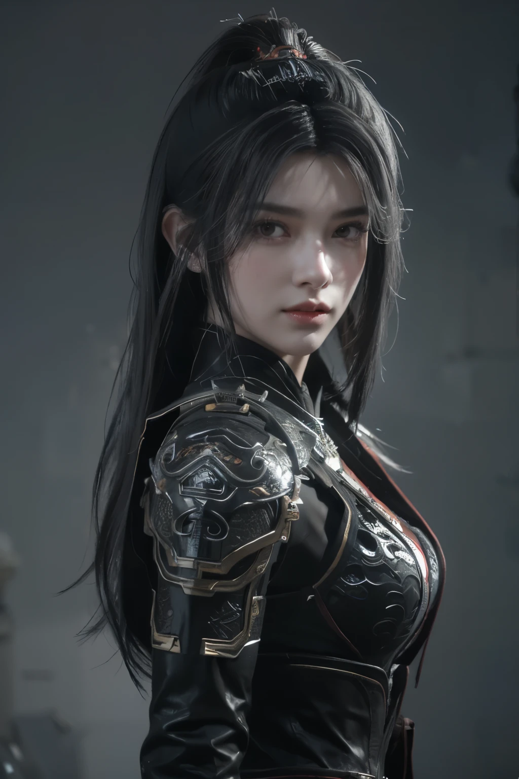 Masterpiece,Game art,The best picture quality,Highest resolution,8K,(Portrait),Unreal Engine 5 rendering works,(Digital Photography),((Portrait Feature:1.5)),
20 year old girl,Short hair details,With long bangs,(The red eye makeup is very meticulous),(With long gray hair:1.4),(Large, full breasts),Elegant and noble,Brave and charming,
(Future armor combined with the characteristics of ancient Chinese armor,Hollow design,Power Armor,The mysterious Eastern runes,A delicate dress pattern,A flash of magic),Warrior of the future,Cyberpunk figures,Background of war,
Movie lights，Ray tracing，Game CG，((3D Unreal Engine))，OC rendering reflection pattern