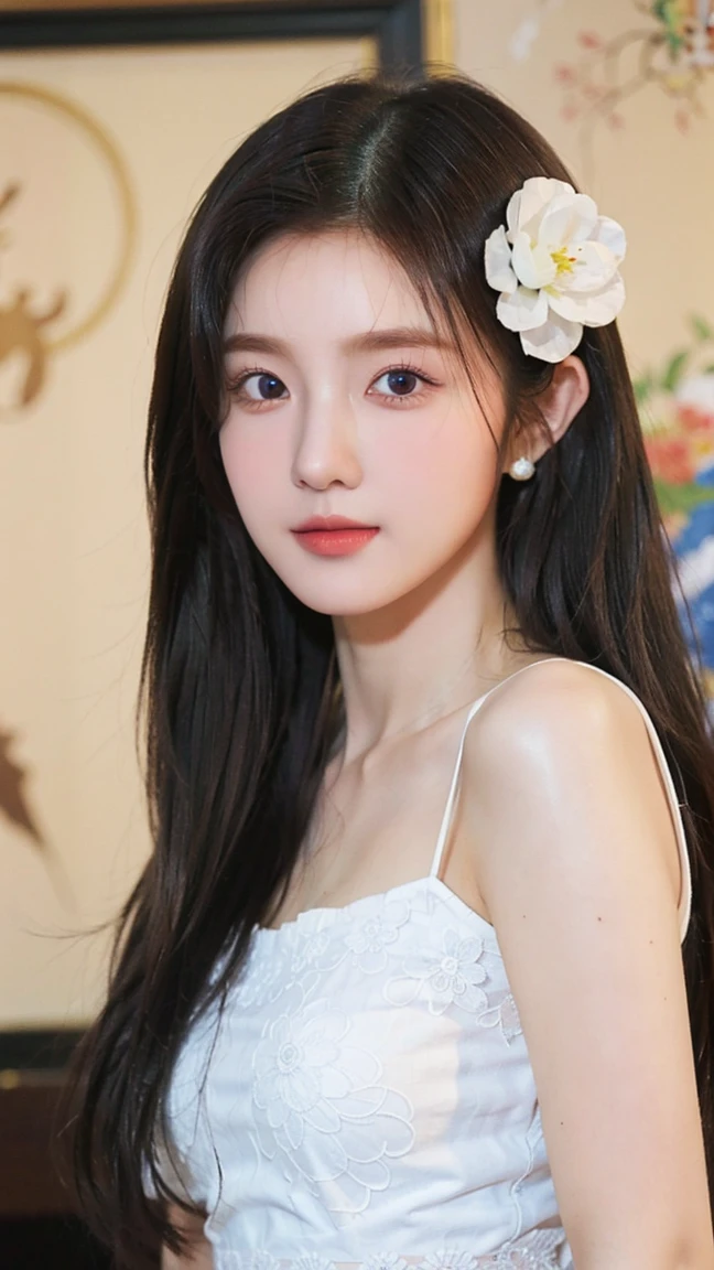 1 girl, (Smile), Photography Art, blurred background, brown eyes, brown hair, earrings, flower, hair flower, hair accessories, jewelry, lips, cosmetics, skirt, alone, Stunning photos of beautiful saturation, ultra high resolution,(actual:1.4)),深shadow,(best quality, masterpiece), pale skin, dim, shadow, Panicked, blush, Very detailed, ((Upper body:0.8)), skinny, BREAK depth of field, film grain, wrinkled skin, looking at the audience, knee, warm Smile, (masterpiece,best quality:1.5) masterpiece,ultra actual,32k,Extremely detailed CG unified 8k wallpaper, best quality, (Upper body:1.2)