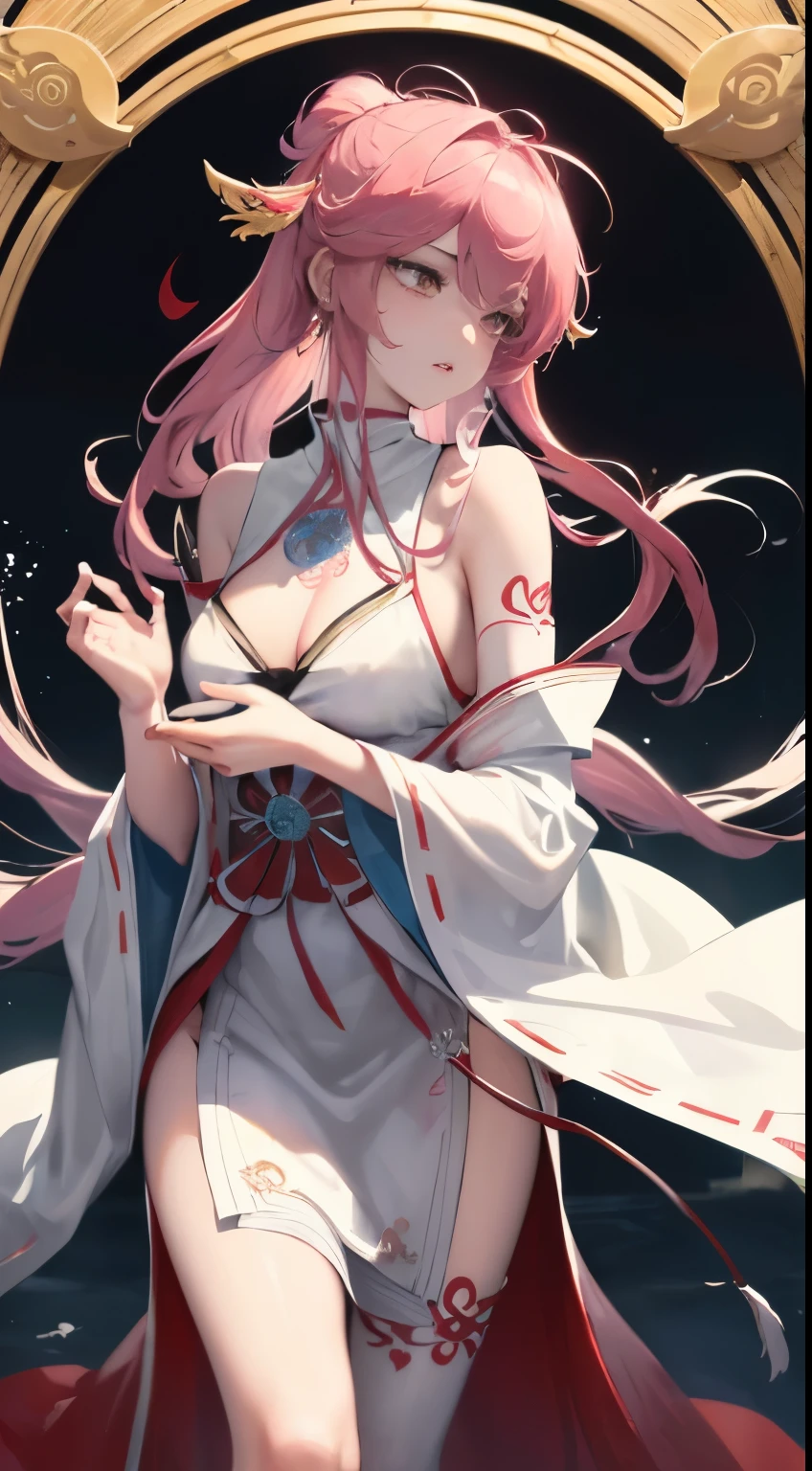 With high definition images, (1 girl:1.3), solo, exposed arms and legs adorned with intricate tattoos, official art, Unity 8k wallpaper, ultra-detailed, beautiful and aesthetic, beautiful, masterpiece, best quality,
Fantastical Atmosphere, Calming Palette, Tranquil Mood, Soft Shading,
Miko priestess, her charm spell in hand, talisman familiar at her side, shrine maiden duties performed with grace and poise, her serene expression radiating peace and wisdom, precision and care put into every line and texture, a captivating visual treat, perfect harmony between light and shadow, a test