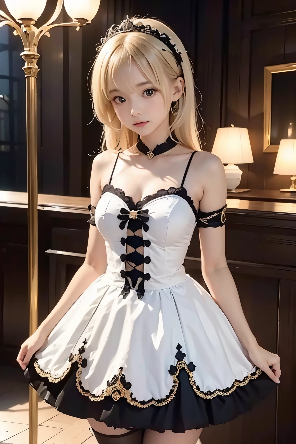 1 , (Highly detailed CG Unity 8k wallpaper), the most beautiful works of art in the world, Girl in Gothic ****ta dress, 10 year old girl, blonde, slim and young body, small breasts, white skin, Clothes with protruding shoulders,  with beautiful face, Wearing a Gothic ****ta dress, shine, Surrounded by fantastic light, dark purple dark background, fantastic background, looking at the viewer, cinematic lighting