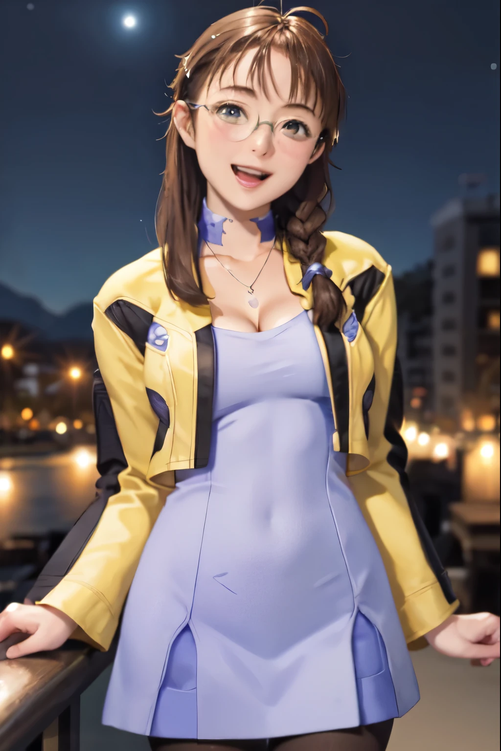 masterpiece, highest quality,  xs1 shion, round glasses, Braid, yellow jacket, cleavage, Miqing、raccoon dog、beautiful pastel colored dress, pantyhose, big breasts, looking at the viewer, smile, Are standing, cowboy shot, open mouth, head tilt, night sky