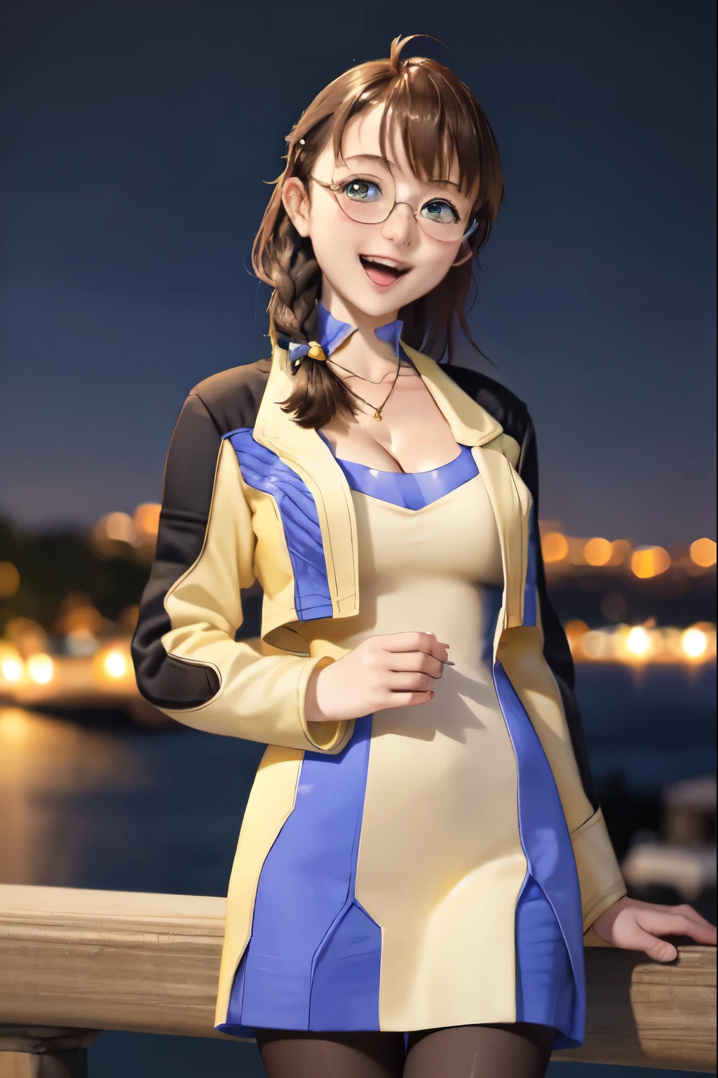 masterpiece, highest quality,  xs1 shion, round glasses, Braid, yellow jacket, cleavage, Miqing、raccoon dog、beautiful pastel colored dress, pantyhose, big breasts, looking at the viewer, smile, Are standing, cowboy shot, open mouth, head tilt, night sky