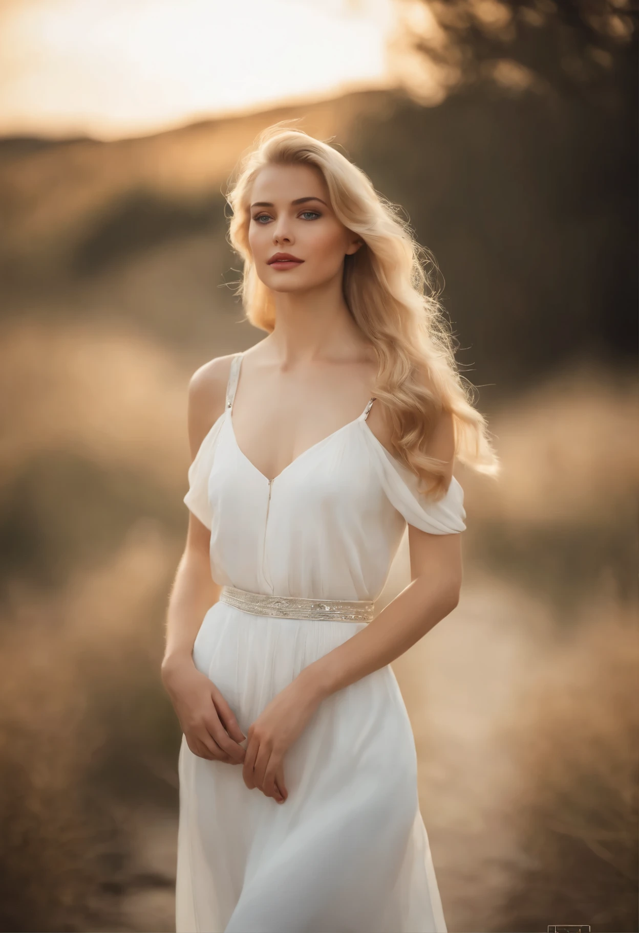She is a beautiful young woman, appearing to be in her 20s. Her eyes are light blue, standing out in contrast to her smooth, white skin. Her face is delicate and feminine, with perfect, symmetrical features. Her long, golden blonde hair gracefully falls over her shoulders. The eyebrows are natural and thin, complementing her natural beauty. She resembles an actress from the 90s, with a timeless charm. In this scene, she is standing next to a car, wearing elegant clothes that enhance her slender figure. Her skin is flawlessly white, adding an air of sophistication. Her presence is captivating, radiating beauty and charisma.