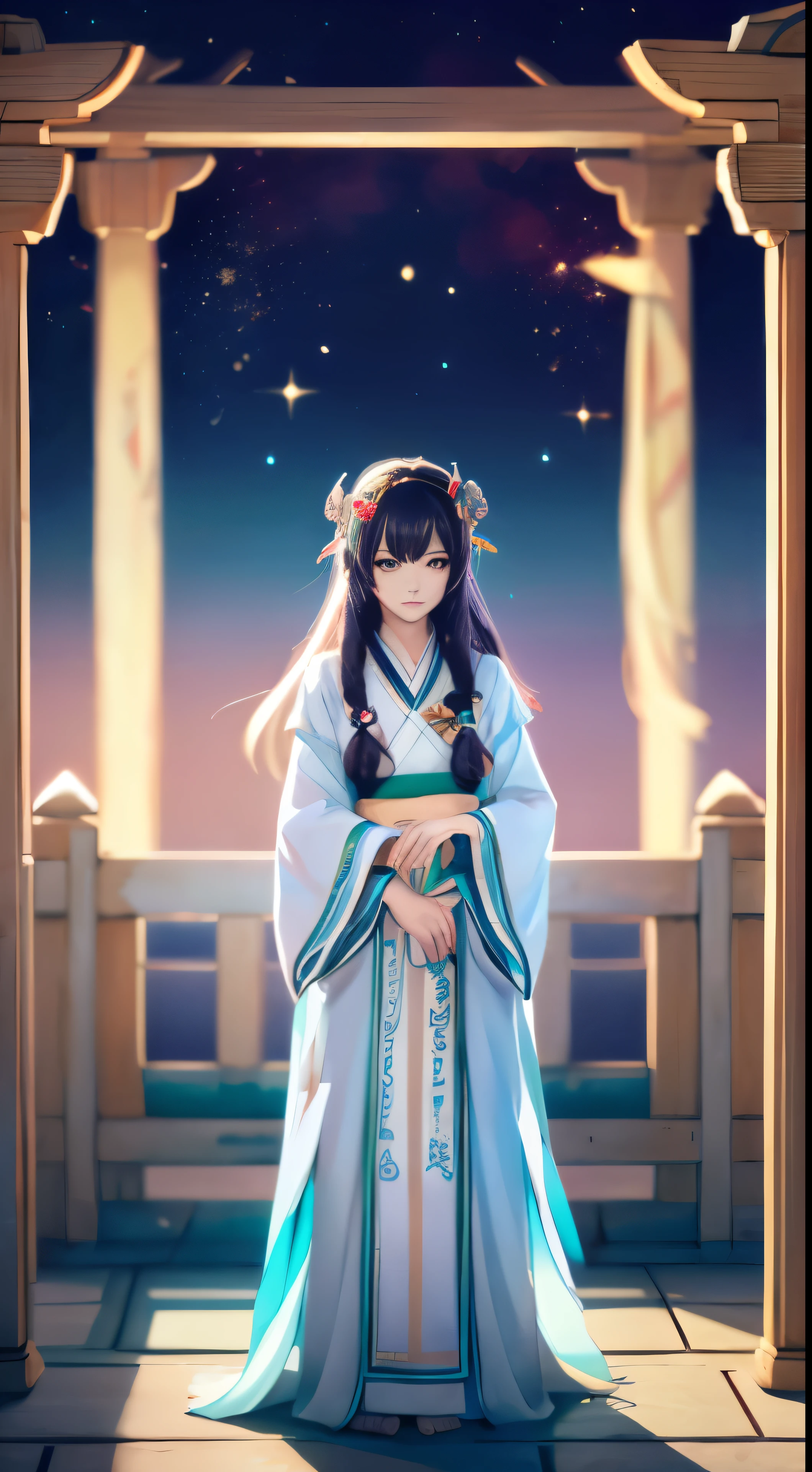 (1girl:1.3),solo,__body-parts__,, official art, unity 8k wallpaper, ultra detailed, beautiful and aesthetic, beautiful, masterpiece, best quality,Fantastical Atmosphere, Calming Palette, Tranquil Mood, Soft Shading,, Miko priestess, charm spell, talisman familiar, shrine maiden duties,