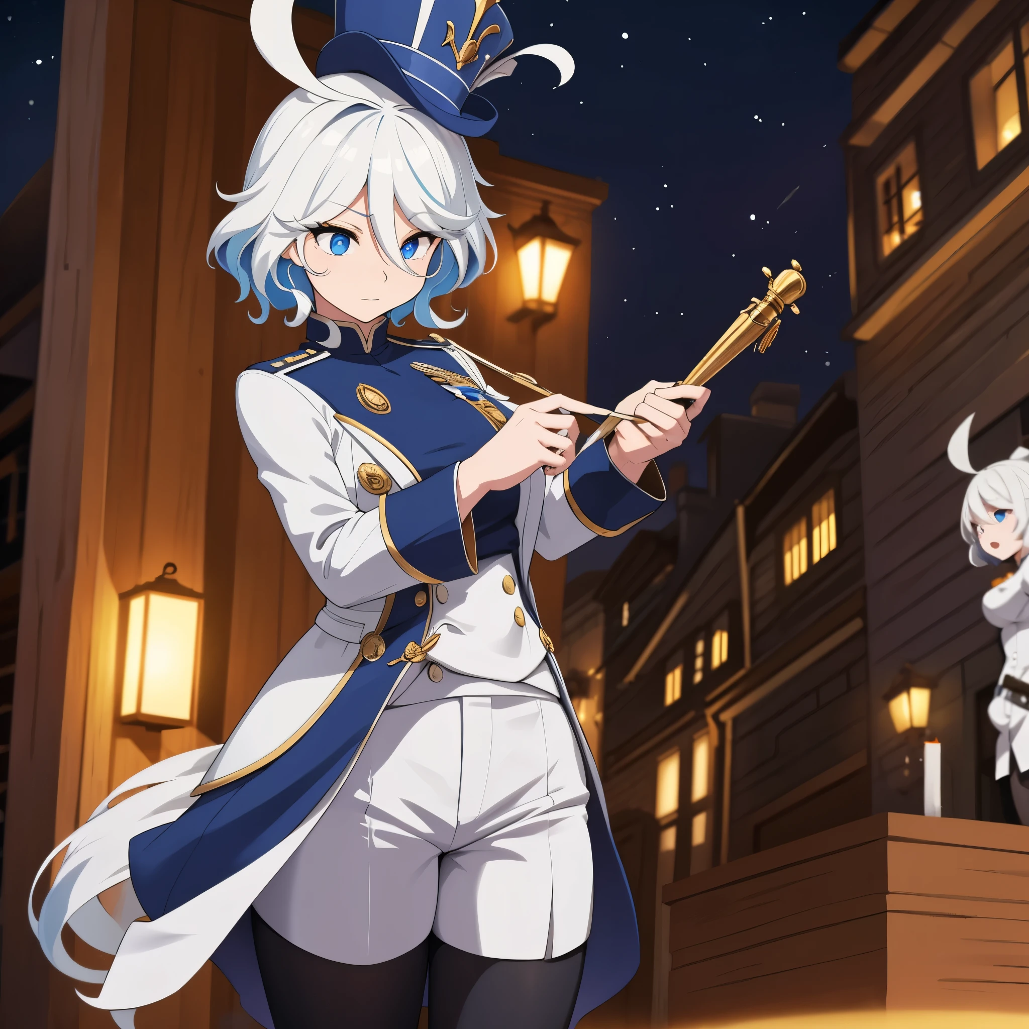 A woman wearing a white martial band uniform with gold details,holding a musical instrument, a white martial band hat, weak blue hair, blue eyes, in a large city at night with several people in the background wearing a martial band uniform.