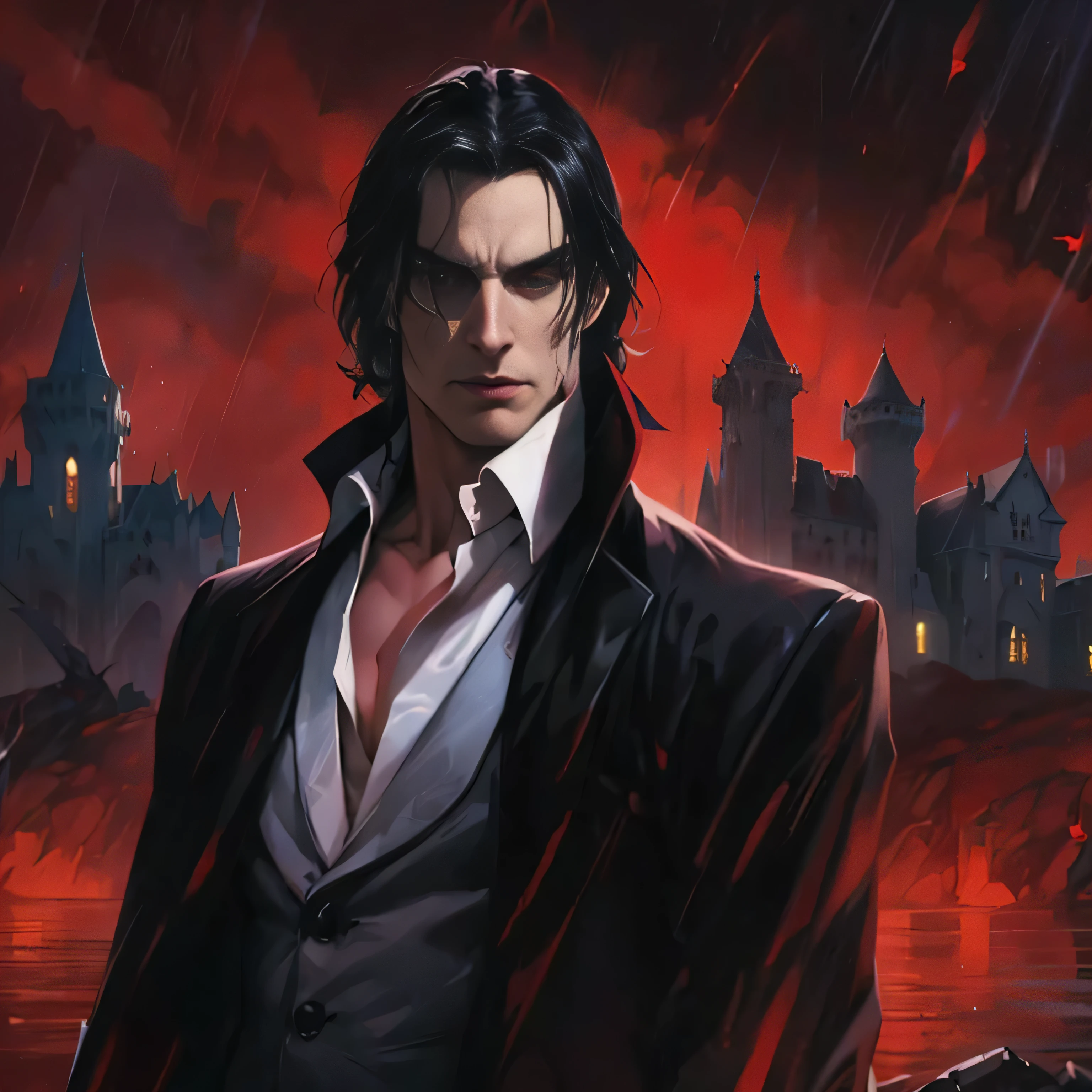 a painting of a man in a black coat standing in front of a castle, handsome male vampire, male vampire, count dracula, vampire lord, male vampire of clan banu haqim, alucard, vampire the masquerade, androgynous vampire, vampire of clan lasombra, stylized urban fantasy artwork, dracula, he's very menacing and evil (evil look)