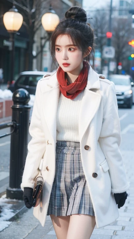 Girl on the street of snow town,White knit cap,white dozen,long coat,Gloves,red scarf,Plaid pleated skirt,18 years old,Bangs,a little smile,thigh,knee,short hair,ponytail,from below