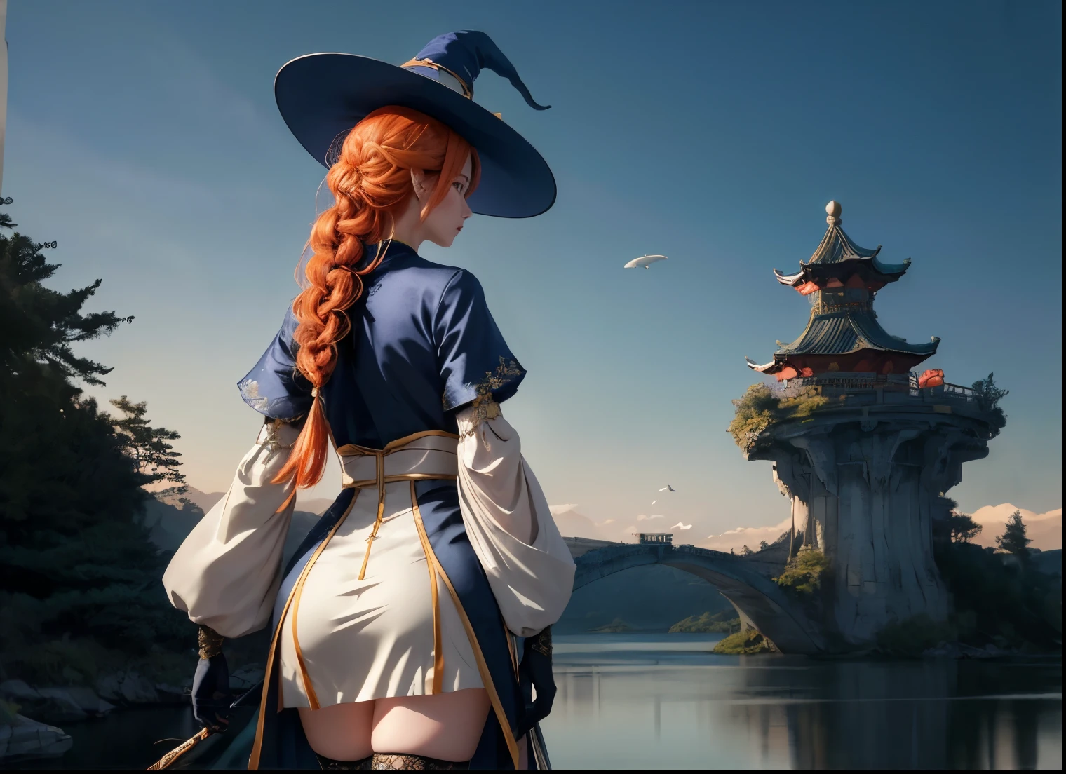 Anime style, delicated best quality ,masterpiece, illustration, an extremely delicate and beautiful, extremely detailed, 8k wallpaper, Amazing, finely detail, masterpiece, best quality, official art, extremely detailed 8k wallpaper, huge filesize, ultra-detailed, highres, extremely detailed, (ultra wide photography)!!, (focus on scenery)!!, detailed scenery, detailed shadow, (fantasy vibe scenery exposed)!!, magical scenery, ancient furniture, (whale on the far sky: 1.3)!!!, (very stunning sight)!!, Depth of field, 1girl, 1girl photo from behind, cosplay, standing on the broken bridge, light on face, 24 years old, (luxury Chinese dress), (fantasy theme clothes), detailed clothes, very long orange hair, braid hair, witch hat, neck garter, gloves, slim legs, petticoat, skirt, smooth thighs cleaveage, garter thigh, (magic wand)!!,