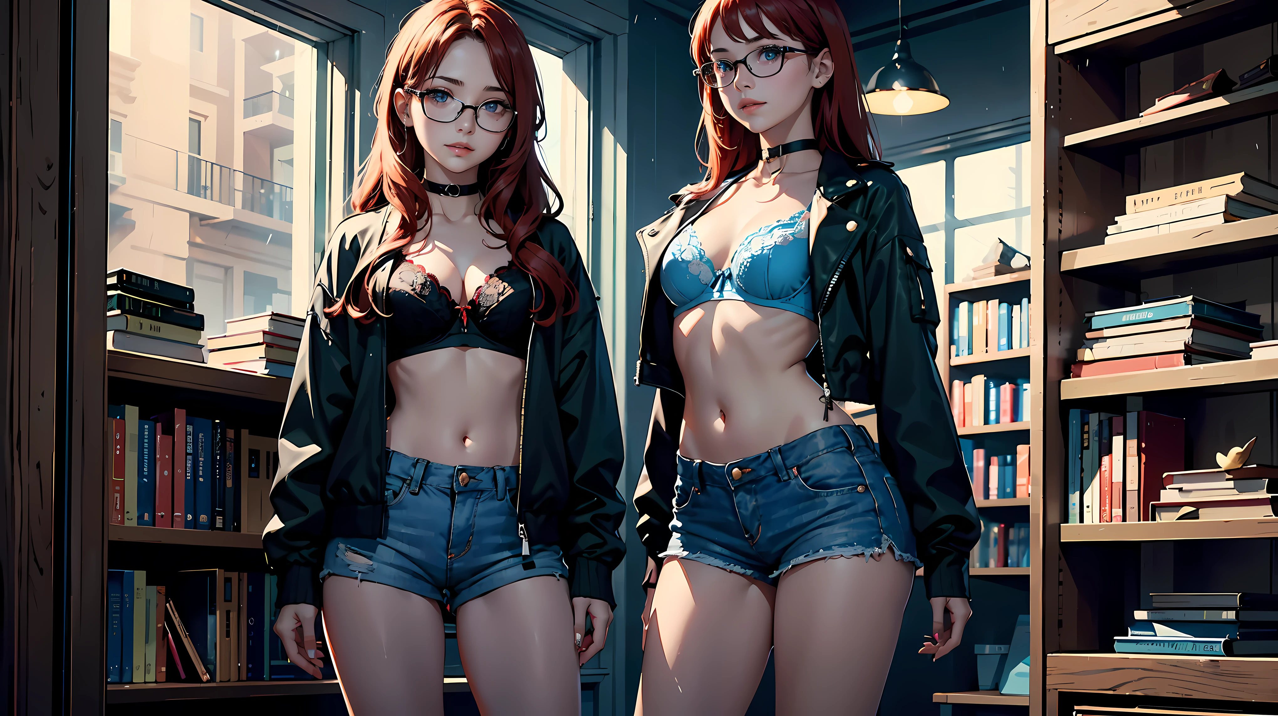 ((1girl)), one 21 year old girl, 
long red hair, big eyes, sweet smile, small breasts, thin hips,
glasses, choker collar, unzipped black jacket, blue bra, jean shorts,
bookstore, bookcases, books,
standing in open door, raining outside,
dramatic lighting, cinematic lighting,