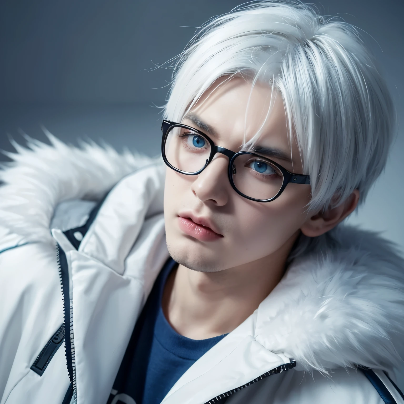 anger,Boy with glasses, Wolf, white and blue fur, young people, blue eyes, messy hair, white hair, short hair, masterpiece, Very detailed, Casual clothing
