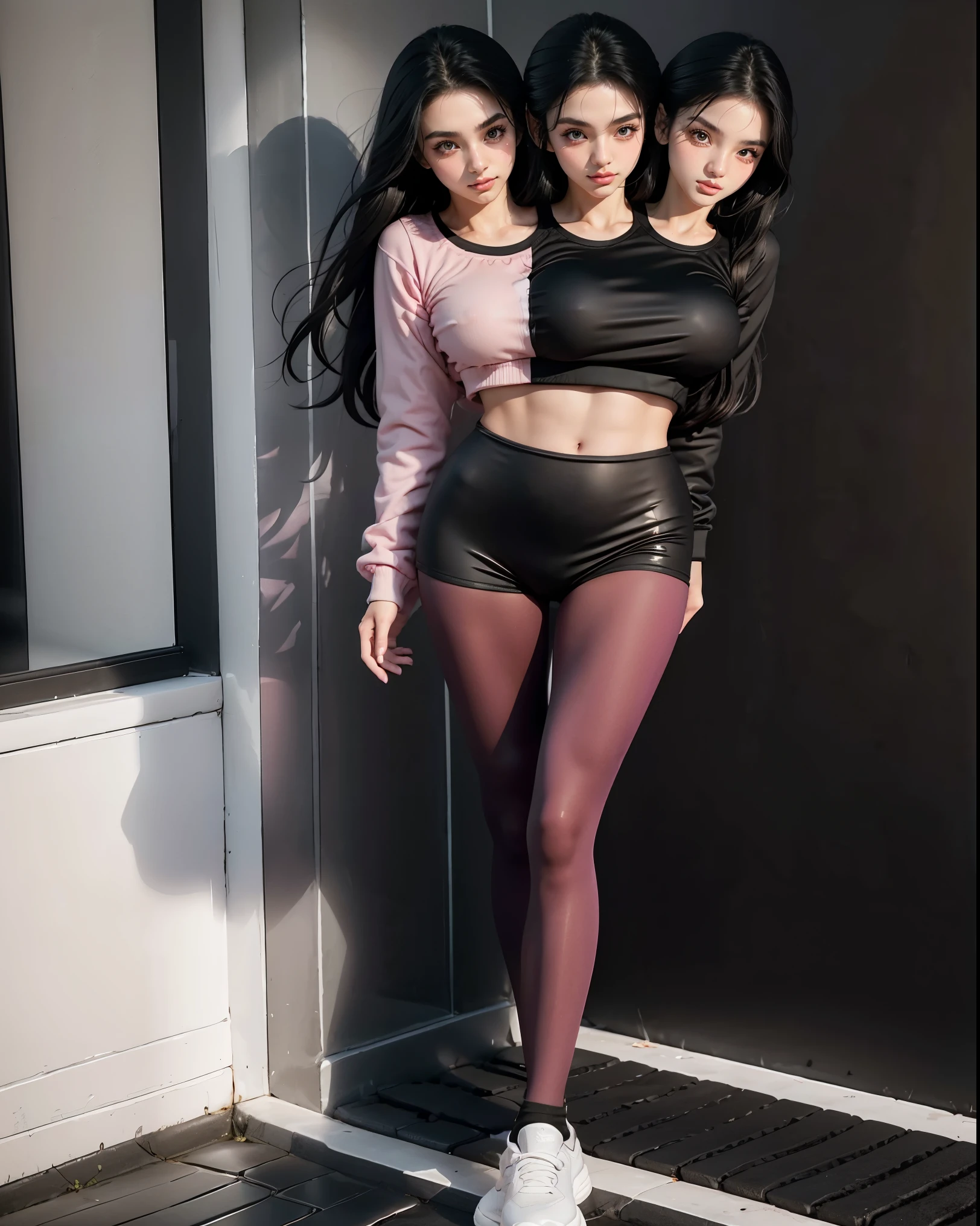 best resolution, 2 heads, Australian model girl two heads, 19 years old, youthful, wearing a pink top and black leggings standing on a bench, black leggings, jet black leggings, leggings, seamless, black leggings, toned, fit dainty figure, fit girl, two-piece workout clothes, pink and black, fit pic, wearing black tight clothing, tight fit, active, tight outfit, leggings, full body shot