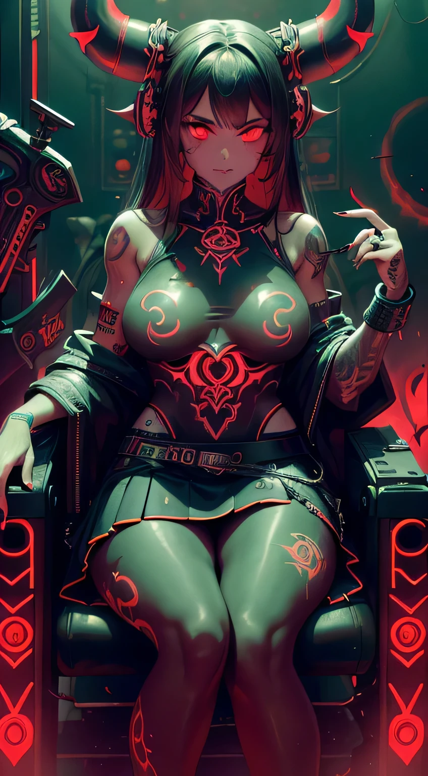 high resolution, obra-prima, melhor qualidade, 1 garota, demonic technology, muitas tatuagens, roupa futurista, saia, sentado, detalhes neon, estilo cyberpunk neon, ao fundo, A shadowy laboratory;, pele finamente detalhada, seios enormes, pernas muito musculosas