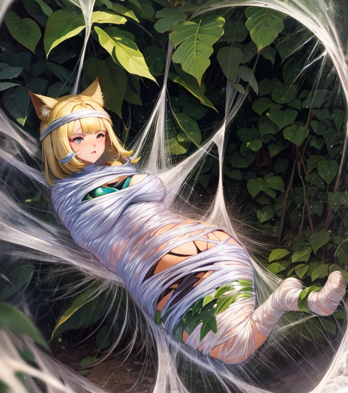 catgirl suspended over a forest, restrained in a sticky and slimy cocoon made of silk, surrounded by plant life