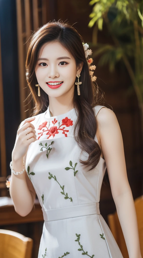 ulzzang-6500-v1.1,(masterpiece, best quality:1.3),(Outstanding image quality, 8K:1.3),ảnh High Quality True,High Quality, True, Photorealistic, 8K, Beautiful, sophisticated girl, The atmosphere is very beautiful with sparkling eyes, 30 years old, Seductive eyes and moist lips, long black hair, (nụ laugh: 1.3), Show facial details, Detailed description of facial features, beautiful details, Detailed hair description, Cơ thể tôi gập ghềnh, Describe the hand in detail, outfit details, perfect face, 4 fingers and 1 thumb: 1,3, orthopedic, necklace, earrings, masterpiece, cực kỳ gần với thực tế, (full body photo: 1,5), best image quality, best quality, Infinite details,((( Vietnamese dresses embroidered with beautiful patterns 1.3))),((White gray dress ))),( Ancient court scene: 1.3),laugh, small size, Sensual poses,Bold poses, Beautiful legs are clearly visible through the slit of the long skirt, big and plump breasts, tied hair Information