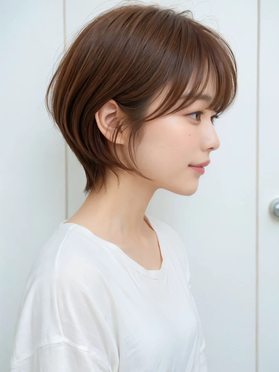 white wall、Taken in front of the white door、(8k、Live shooting、highest quality、masterpiece:1.2)、High-definition RAW color photo、light gray long sleeve shirt、professional photos、(genuine、フォトgenuine:1.37)、Photographed in natural light、1 girl、lazy smile、(various poses)、Blake is (ombre:1.3) 、spring clothes、simple necklace、don&#39;t look at the camera、profile、shortcut、((brown hair))、short hair、Eye color is dark brown、(Beautiful profile:1.3)、correct hand of human body、look down