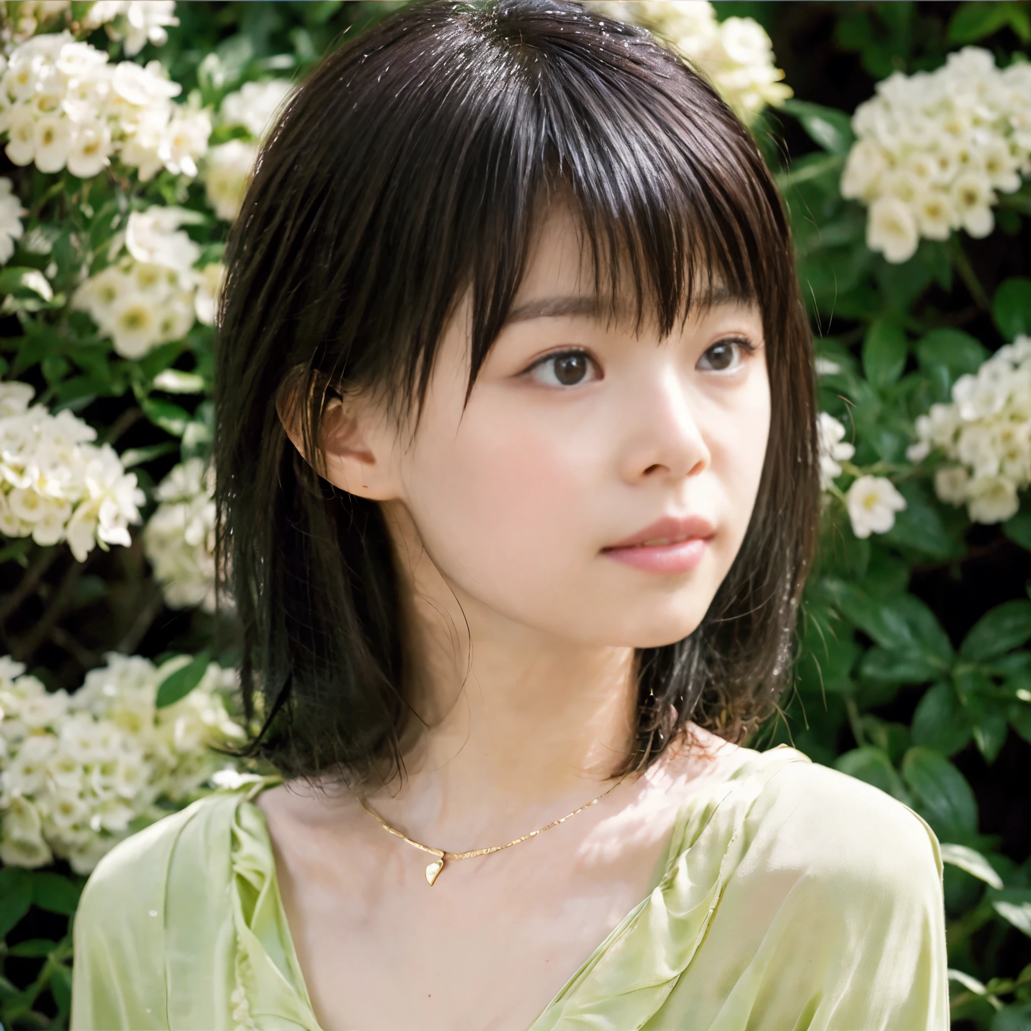 (masterpiece, highest quality:1.2), 8K, official art, RAW photo, incredibly absurd, , beautiful 1girl, 18-year-old、cute face, arch back, (navy_blue pleated skirt:1.1),, gardenia, violaces, 、、looking at the viewer, film grain, chromatic aberration, sharp focus, face light, dynamic lighting, cinematic lighting, detailed eyes and face, background bokeh, 、、one girl、blush、look at the viewer、(huge breasts:1.2)、wet hair、shiny hair、wet face、wet skin、wet body、、、pointed red mouth、red mouth,clavicle、cute wet face、、short hairstyle、, the abdomen is visible,, anatomically accurate body, ((gold bra)),　The body is facing the viewer、whole body, standing up straight、Cherry tree, cherry blossoms in full bloom,