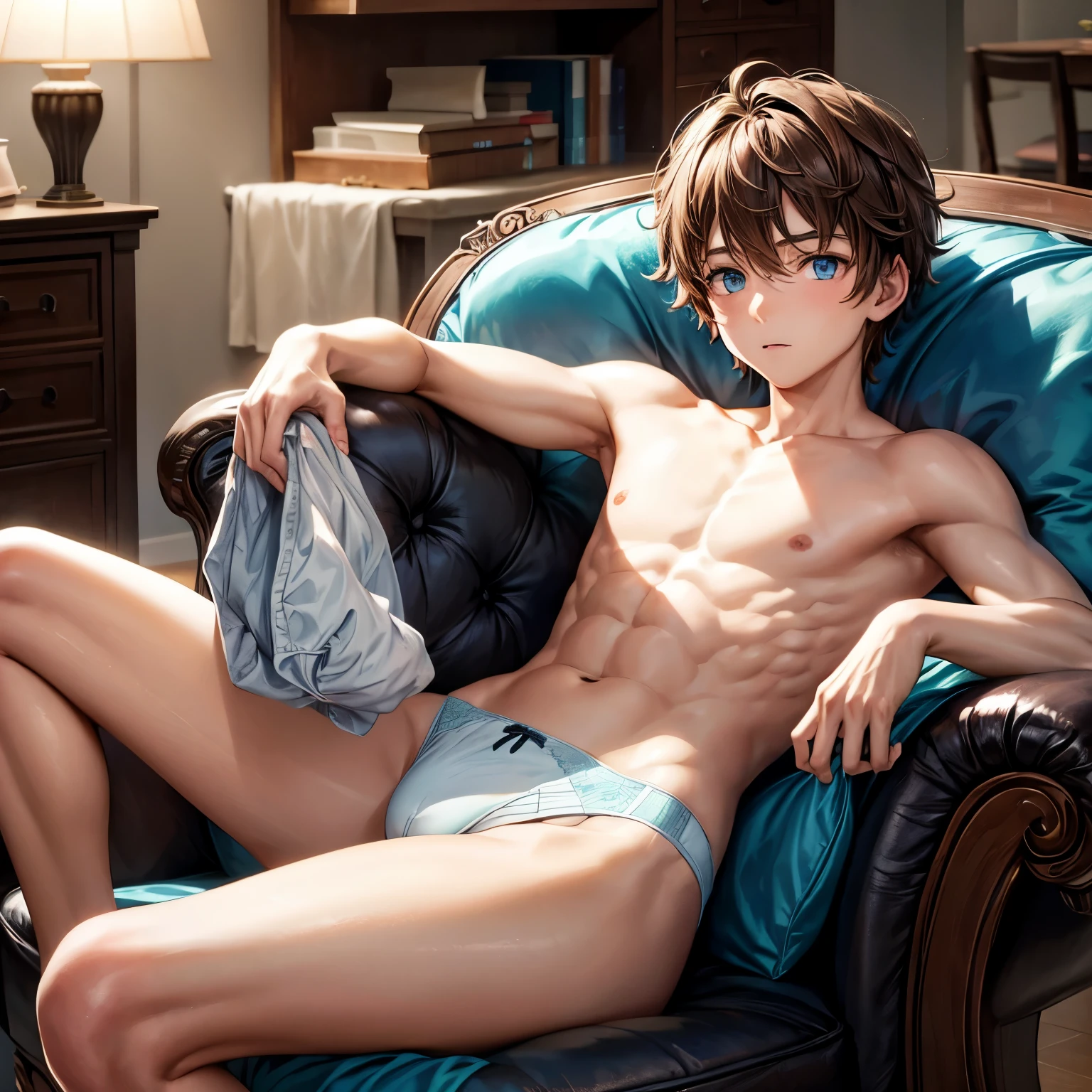 A boy with messy brown hair with light skin and light blue eyes., in a living room in underwear on an armchair