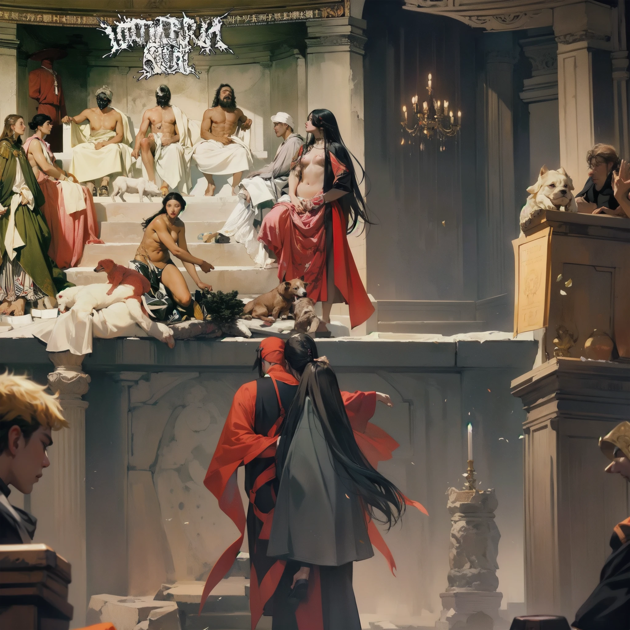 un primer plano de una pintura de un grupo de personas sentadas en unas escaleras, arte infernal en buena calidad, utopian art, alternate album cover, sacrificial altar, art album cover, Sacrilegious rite, arte de la cubierta, new album cover, satanic ritual, art albumwork, art album, inticrate, death metal album cover, album cover