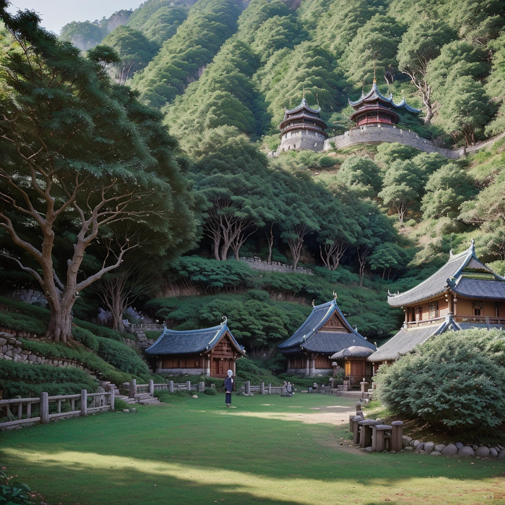 (Art style of: Wu Guanzhong), (An elven village built in large trees on the side of a sacred mountain)