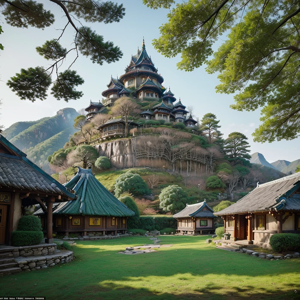 (Art style of: Wu Guanzhong), (An elven village built in large trees on the side of a sacred mountain)